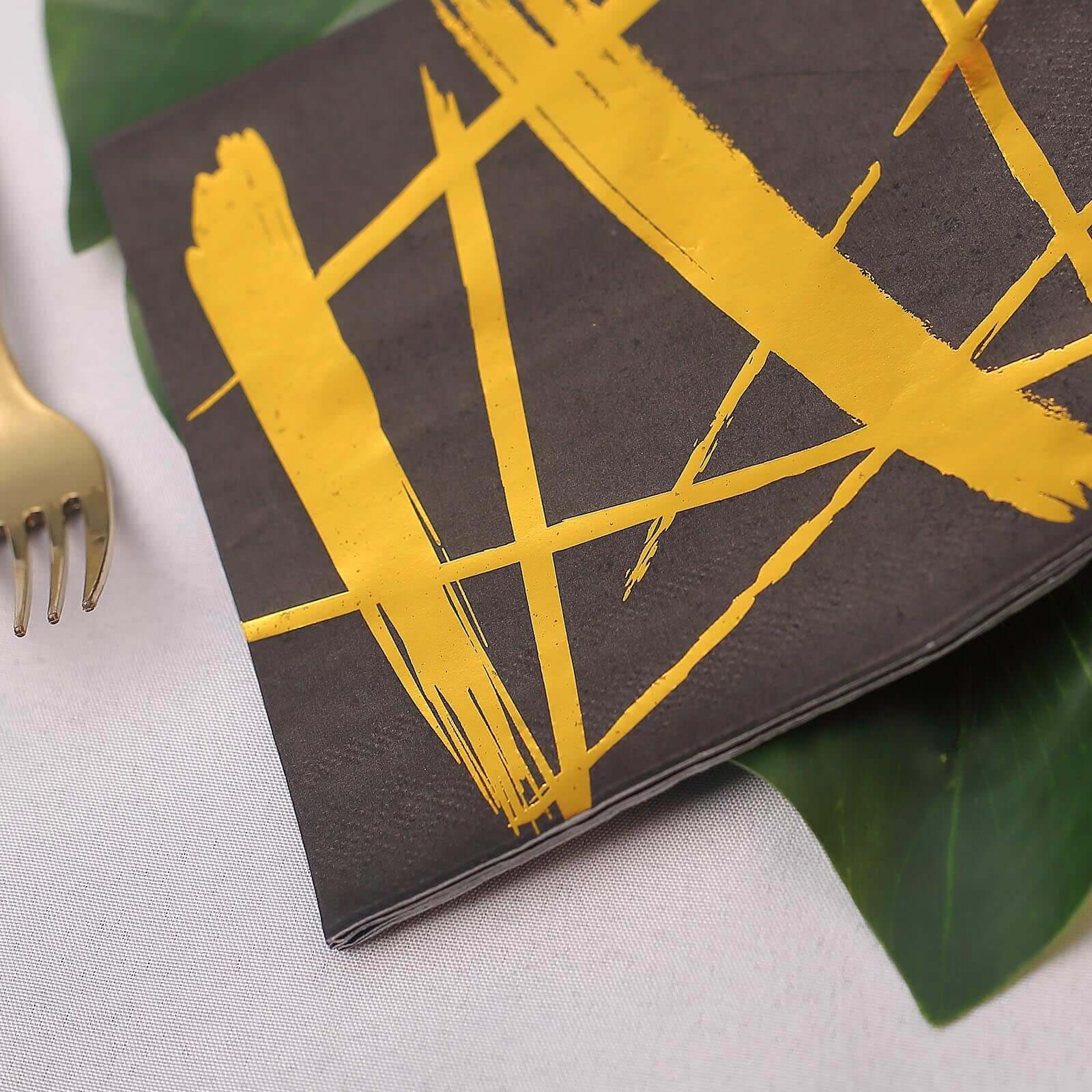 20-Pack Paper Dinner Napkins Black with Metallic Gold Streak Design - Stylish 3 Ply Disposable Cocktail Napkins for Weddings