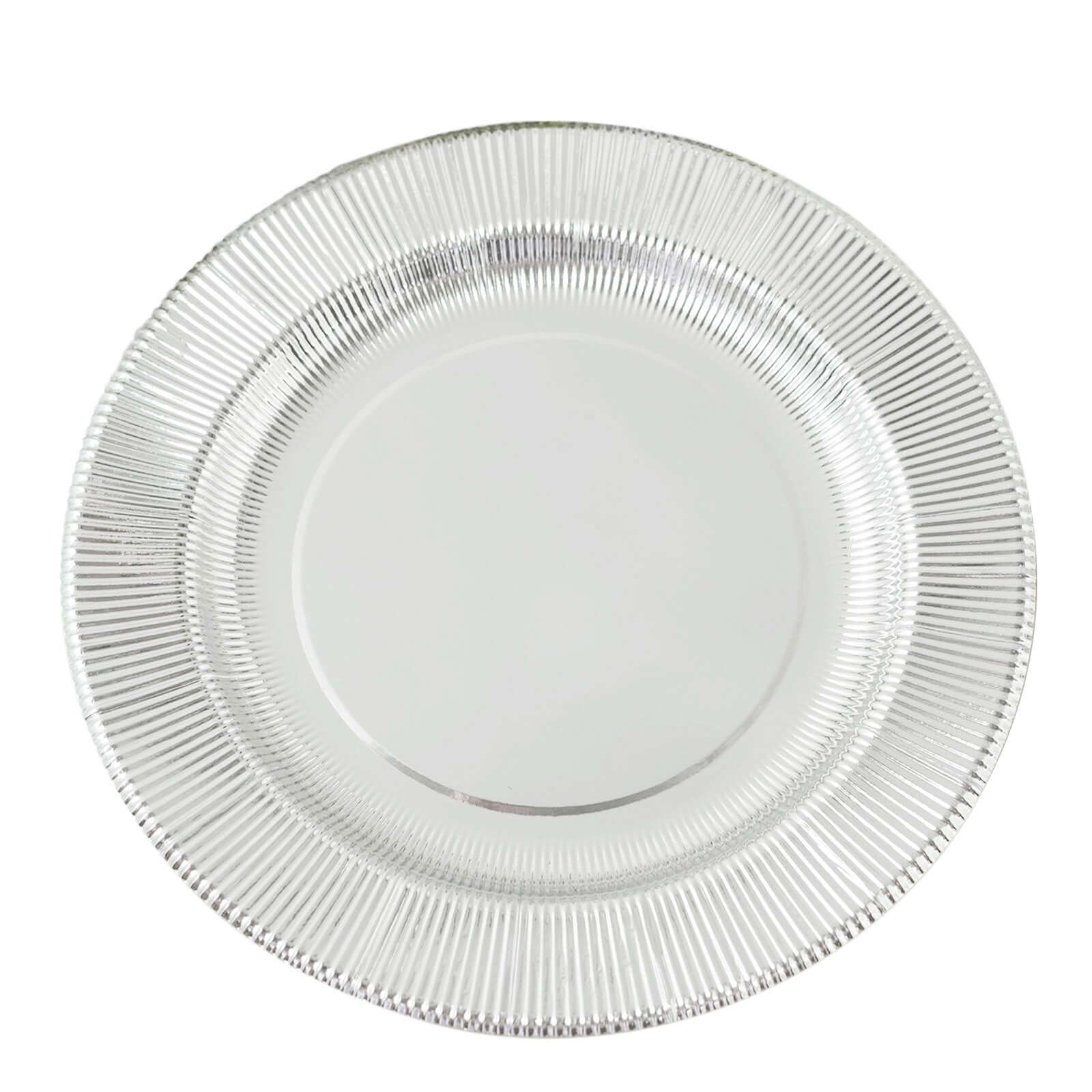 25-Pack Disposable Round Charger Plates in Metallic Silver Sunray Design - 350GSM Heavy Duty Paper Chargers 13"