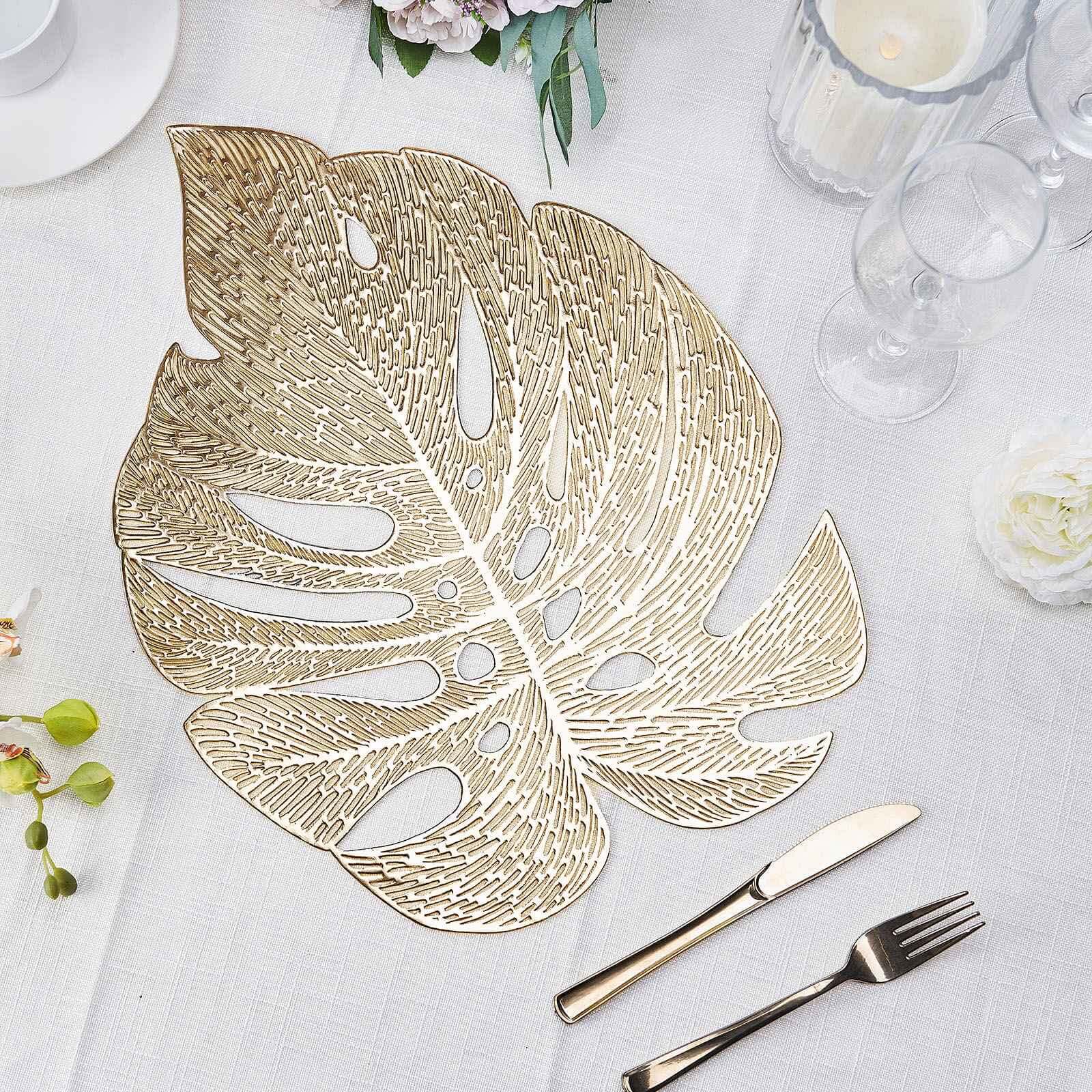 6-Pack Dining Table Mats Monstera Leaf Design Gold - Vinyl Non-Slip Surface for Tropical Themes 18"