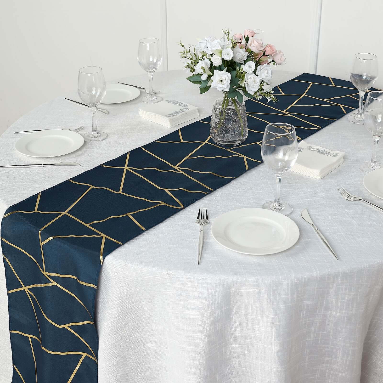 Polyester 9ft Table Runner Navy Blue with Gold Foil Modern Geometric Accent