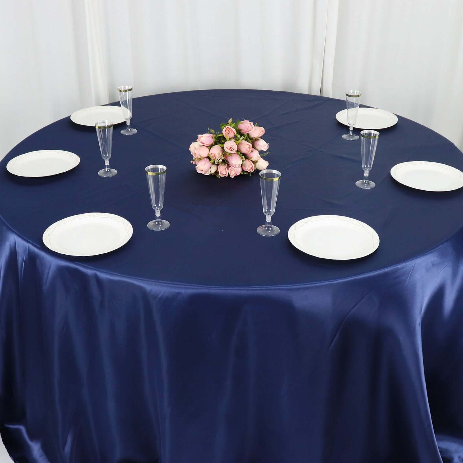 Satin 132" Round Tablecloth Navy Blue - Stylish Seamless Table Cover