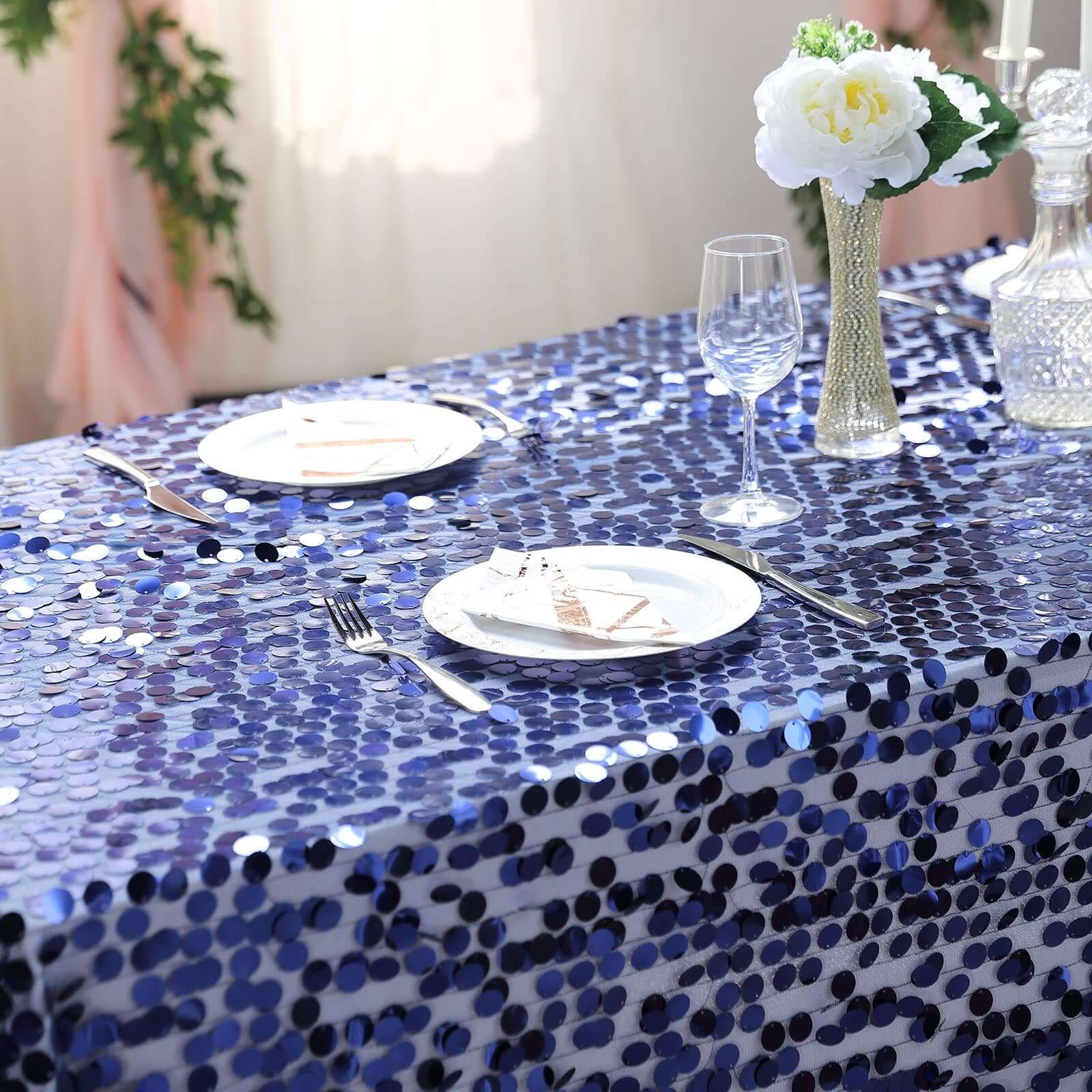 Sequin 90"x132" Rectangle Tablecloth Navy Blue - Seamless Big Payette Table Cover