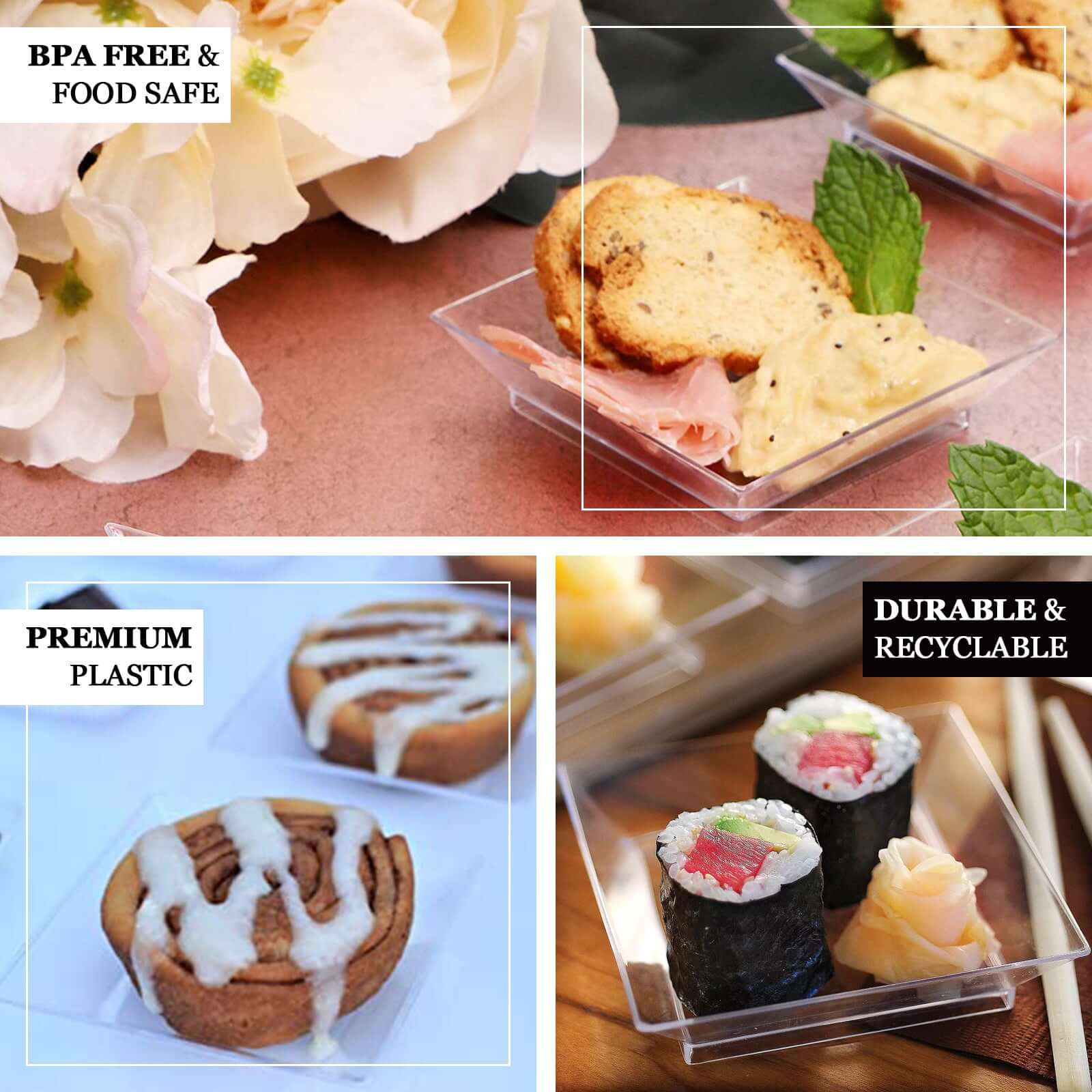 50-Pack Appetizer Plates Modern Square Design Clear - Plastic Disposable Bowls for Desserts 2"