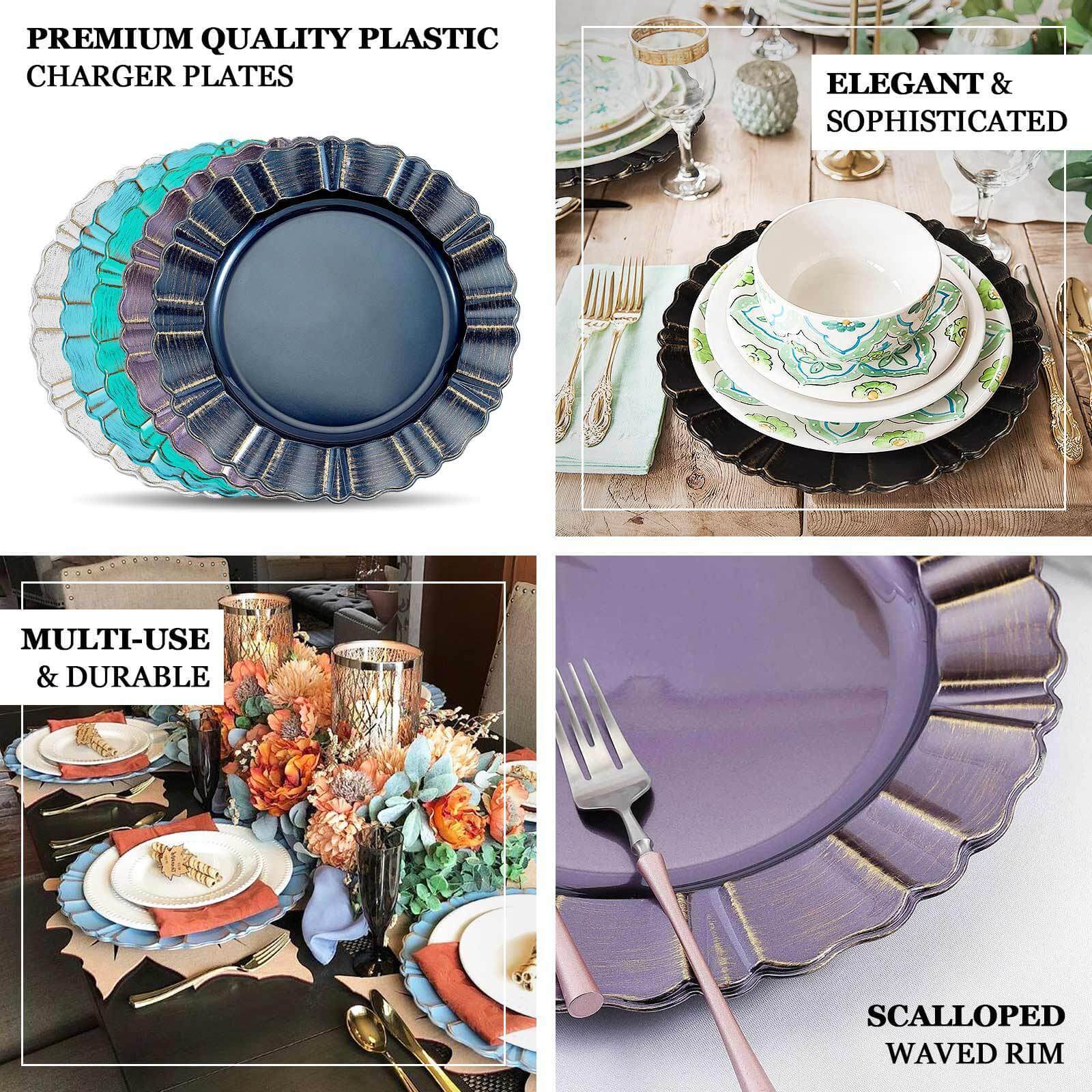 6-Pack Acrylic Plastic Round Charger Plates 13" in Dusty Blue with Gold Brushed Wavy Scalloped Rim, Decorative Dinner Party Charger Tableware