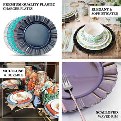 6-Pack Acrylic Plastic Round Charger Plates 13" in Dusty Blue with Gold Brushed Wavy Scalloped Rim, Decorative Dinner Party Charger Tableware