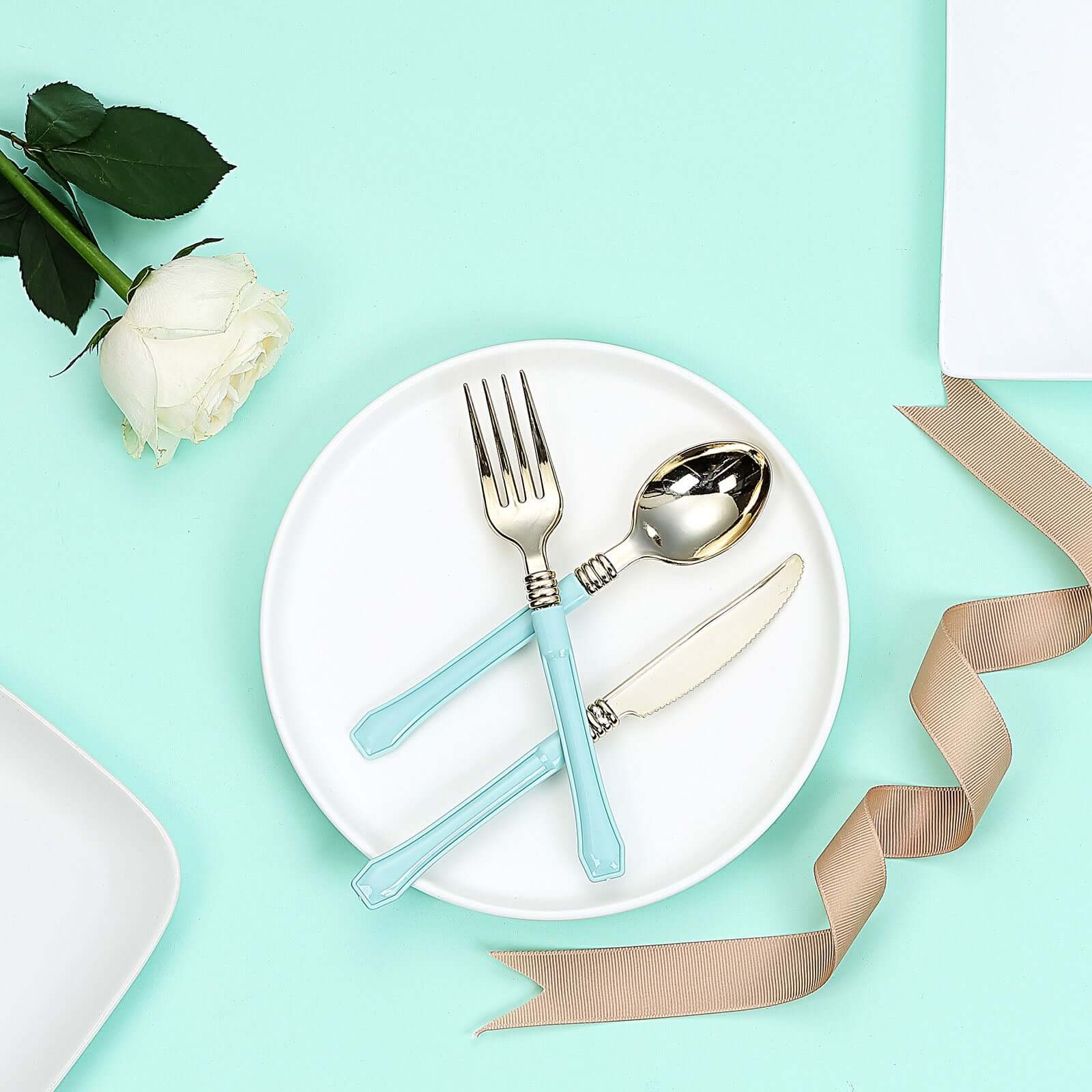 24-Pack Plastic Spoons with Light Blue Handle Gold - Heavy Duty Disposable Silverware 7"