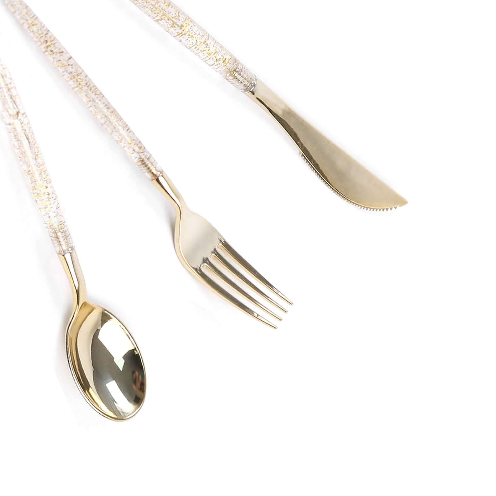 24-Pack Plastic Cutlery Set Metallic Gold with Gold Glitter - Stylish Disposable Silverware-Pack 8"