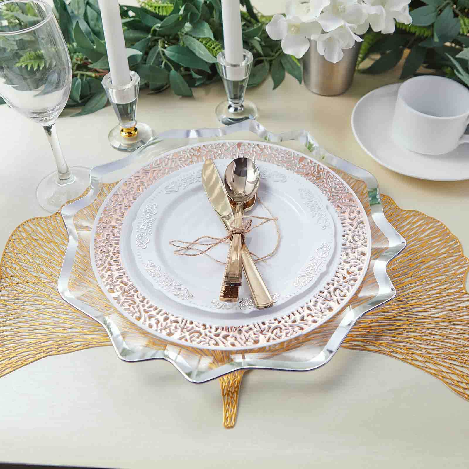 6-Pack Acrylic Plastic Round Charger Plates 13" in Clear with Silver Scalloped Edge, Exquisite Dinner Serving Plates