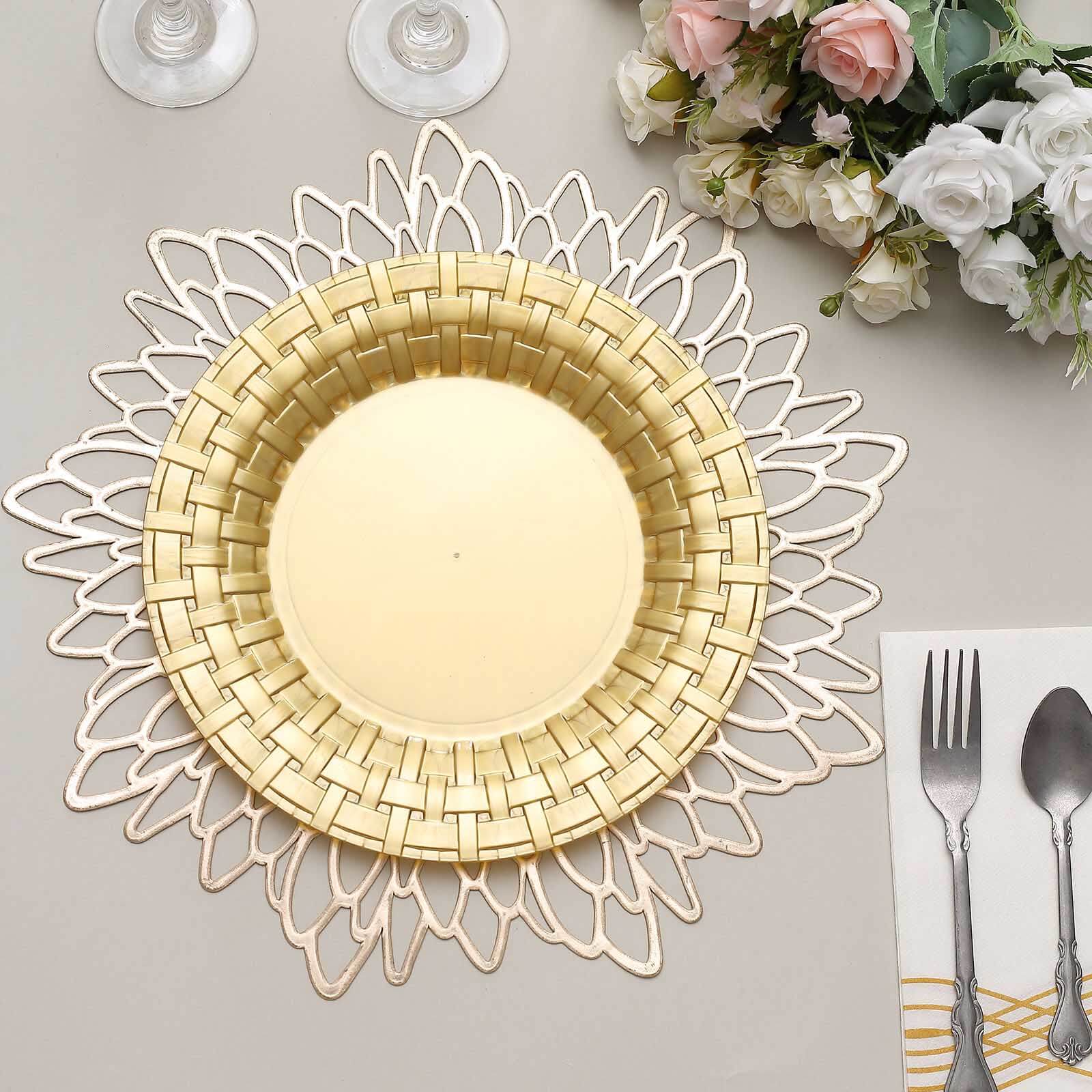 10-Pack Plastic Dinner Plates Gold Basketweave Rim - Durable Disposable Dinner Plates 10"