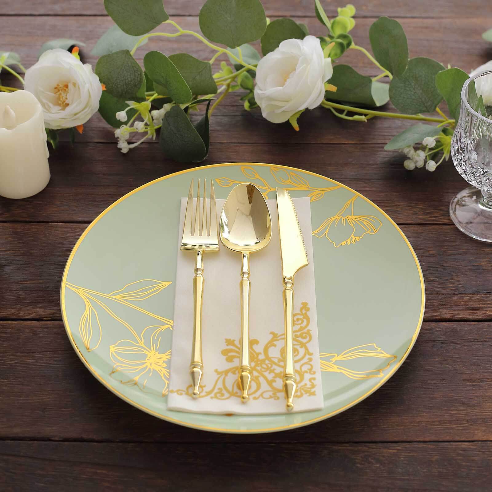 Set of 20 Plastic Round Dinner and Dessert Plates in Sage Green with Metallic Gold Floral Design - Stylish Disposable Dinnerware 8", 10"