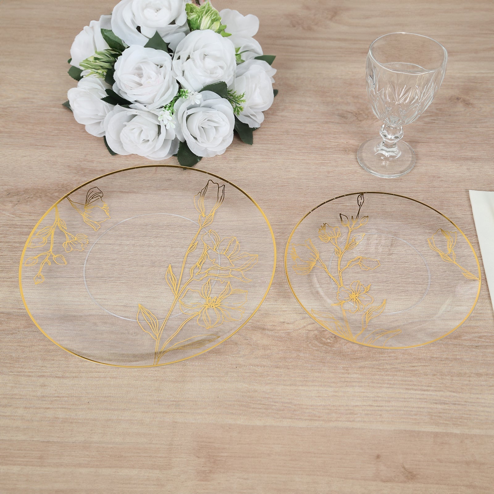 Set of 20 Plastic Round Dinner and Dessert Plates in Clear with Metallic Gold Floral Design - Stylish Disposable Dinnerware 8", 10"