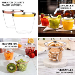 25-Pack Plastic Party Cups Transparent Dusty Blue Crystal with Gold Rim - Stylish Short Disposable Glasses 9oz