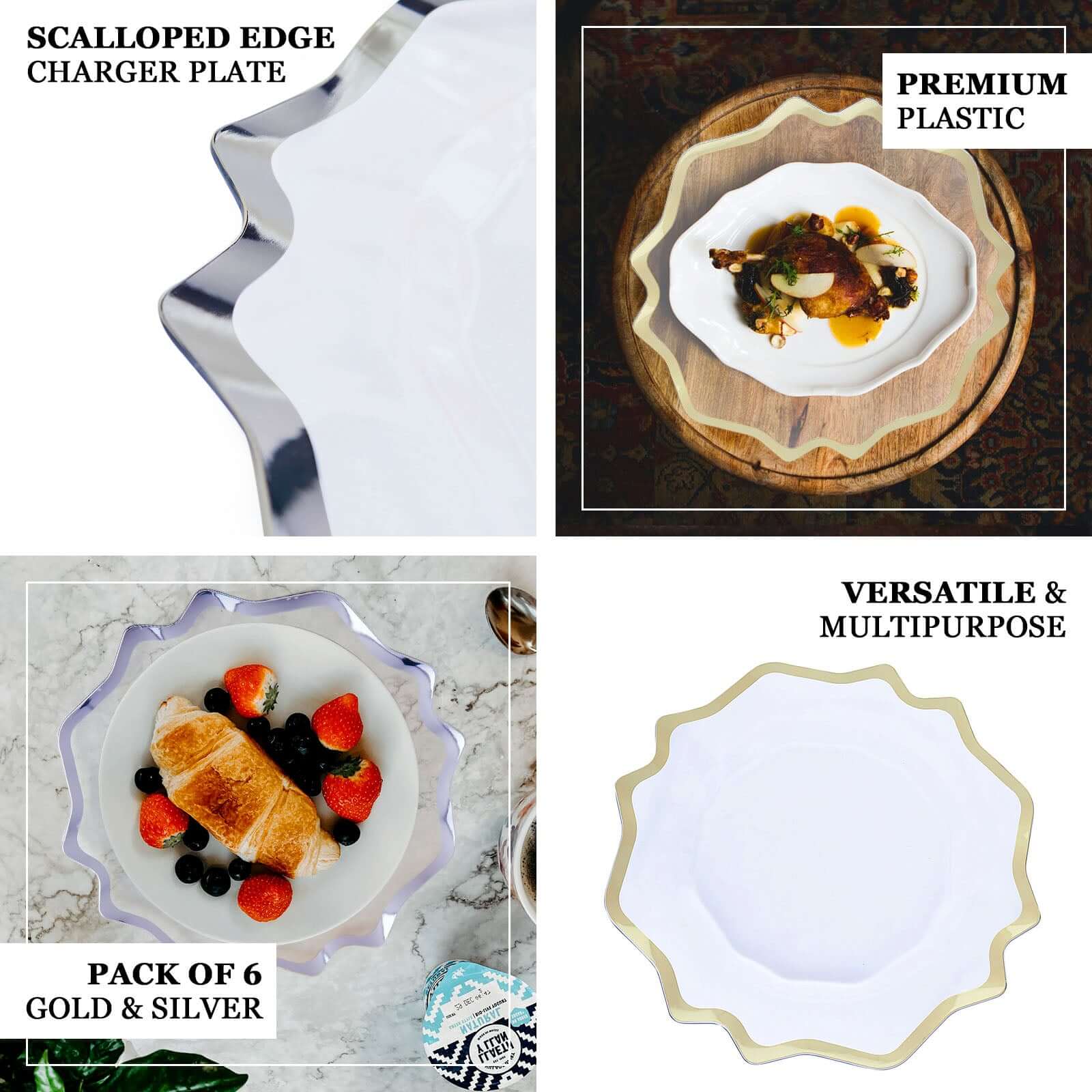 6-Pack Acrylic Plastic Round Charger Plates 13" in Clear with Gold Scalloped Edge, Exquisite Dinner Serving Plates