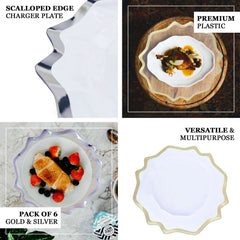6-Pack Acrylic Plastic Round Charger Plates 13" in Clear with Gold Scalloped Edge, Exquisite Dinner Serving Plates