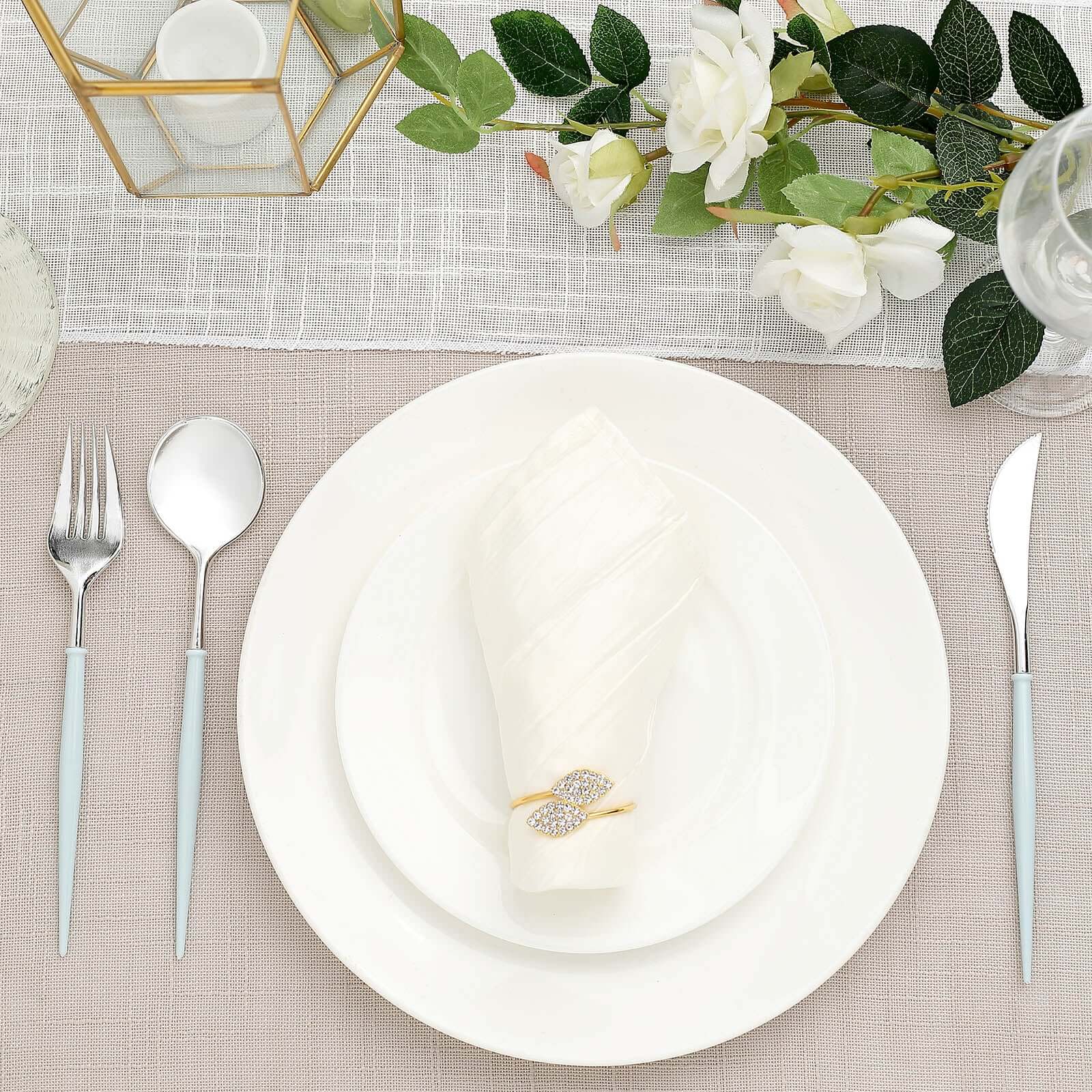 24-Pack Plastic Flatware Set in Silver with Light Blue Handle - Heavy Duty Disposable Modern Silverware 8"