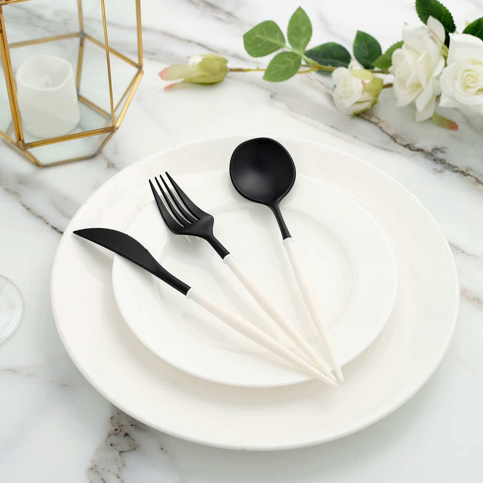 24-Pack Plastic Flatware Set in Black with Ivory Handle - Heavy Duty Disposable Modern Silverware 8"