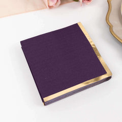 50-Pack Paper Beverage Napkins Purple with Gold Foil Edge - 2 Ply Disposable Soft 18GSM Cocktail Napkins 5"x5"