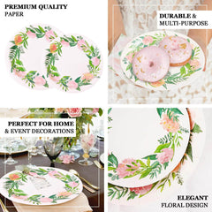 25-Pack Paper 9" Round Dinner Plates in White with Rose/Peony Flower Wreath - Disposable Party Plates for Bridal Showers & Garden Parties