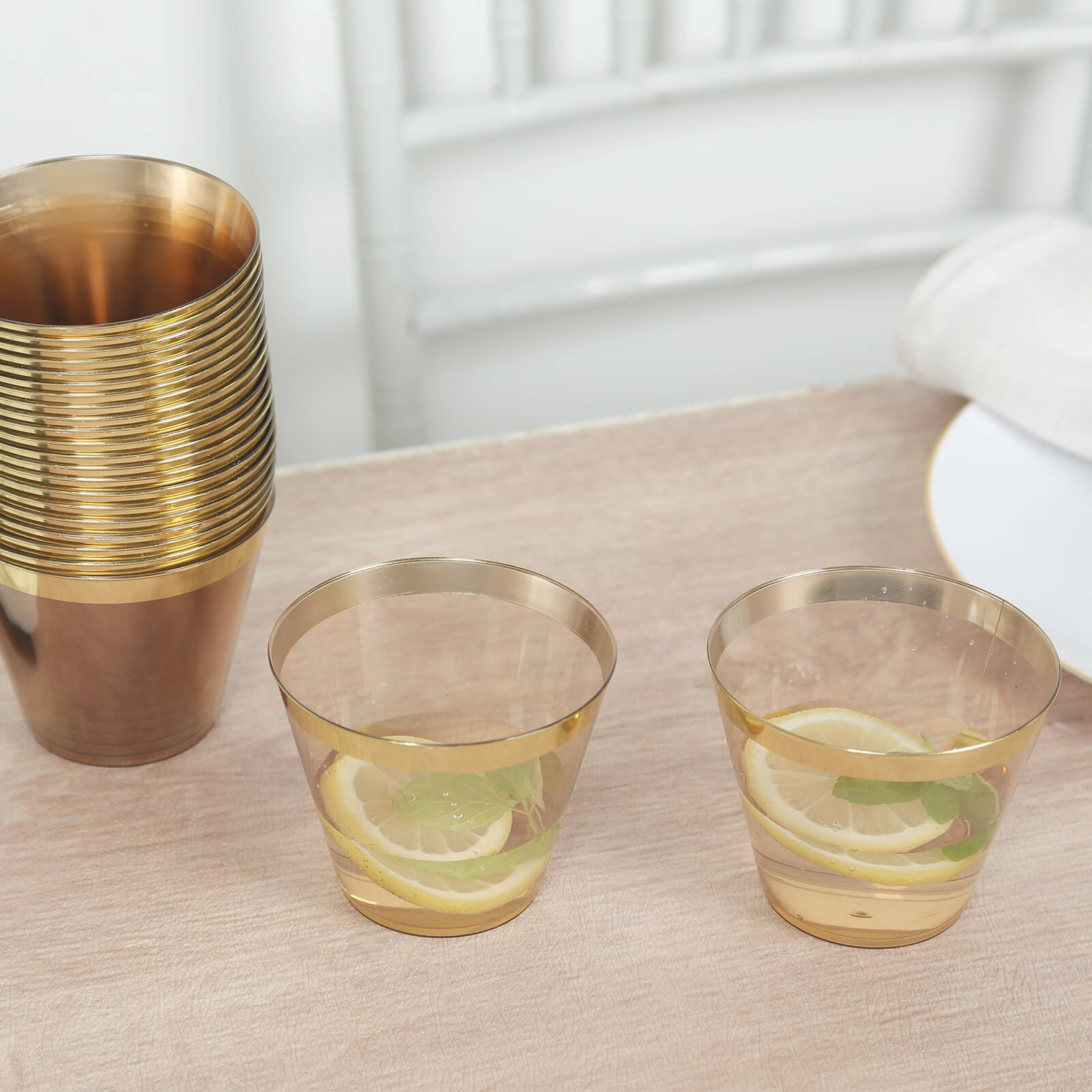 25-Pack Plastic Party Cups Transparent Amber Gold Crystal with Gold Rim - Stylish Short Disposable Glasses 9oz