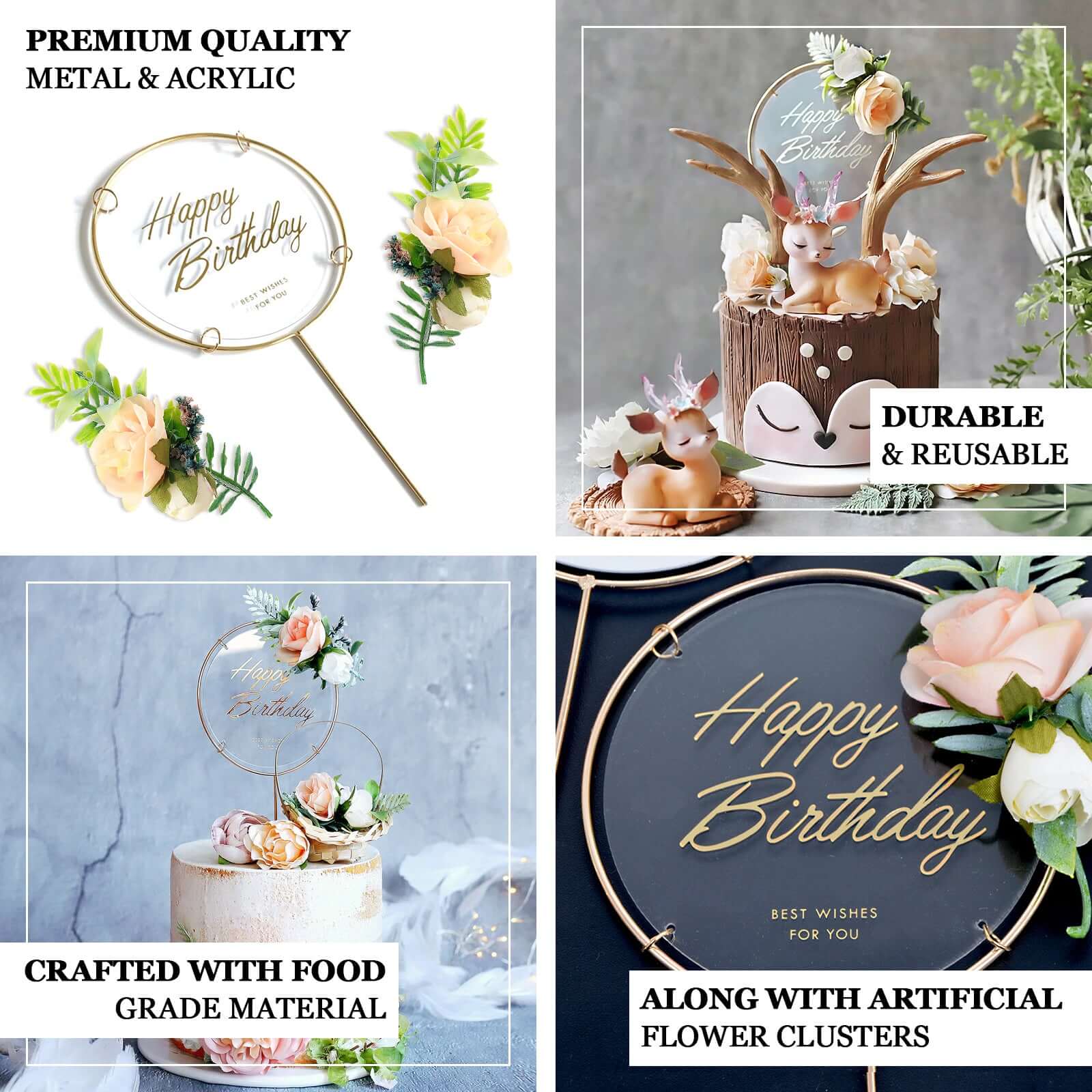3 Pcs Happy Birthday Cake Toppers with Gold Metal Frames & Clear Acrylic Panels - Charming Reusable Cake Decorations with Stylish Silk Flower Accents