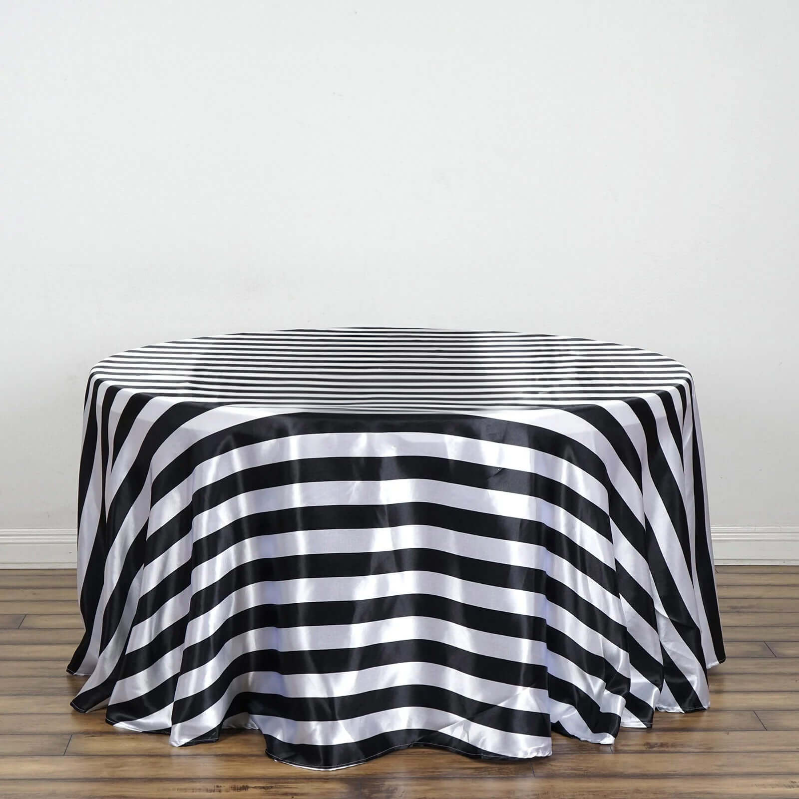 Satin 120" Round Tablecloth Black/White - Stripe Design with Seamless Silky Smooth Finish Table Cover