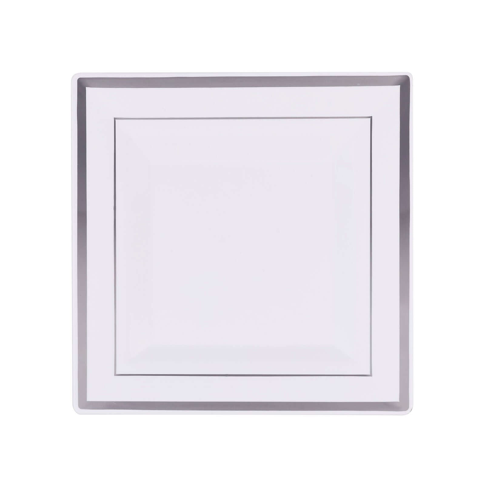 10-Pack Plastic Dinner Plates White Square with Silver Trim - Lightweight Disposable Plates for Events 10"