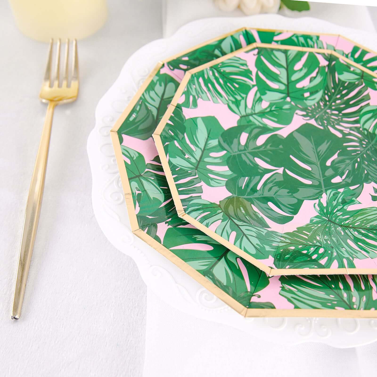 25-Pack Paper 7" Decagon Dessert Plates in Pink with Green Tropical Palm Leaves & Gold Rim - Disposable Geometric Appetizer Salad Plates for Boho Chic & Jungle Themed Events