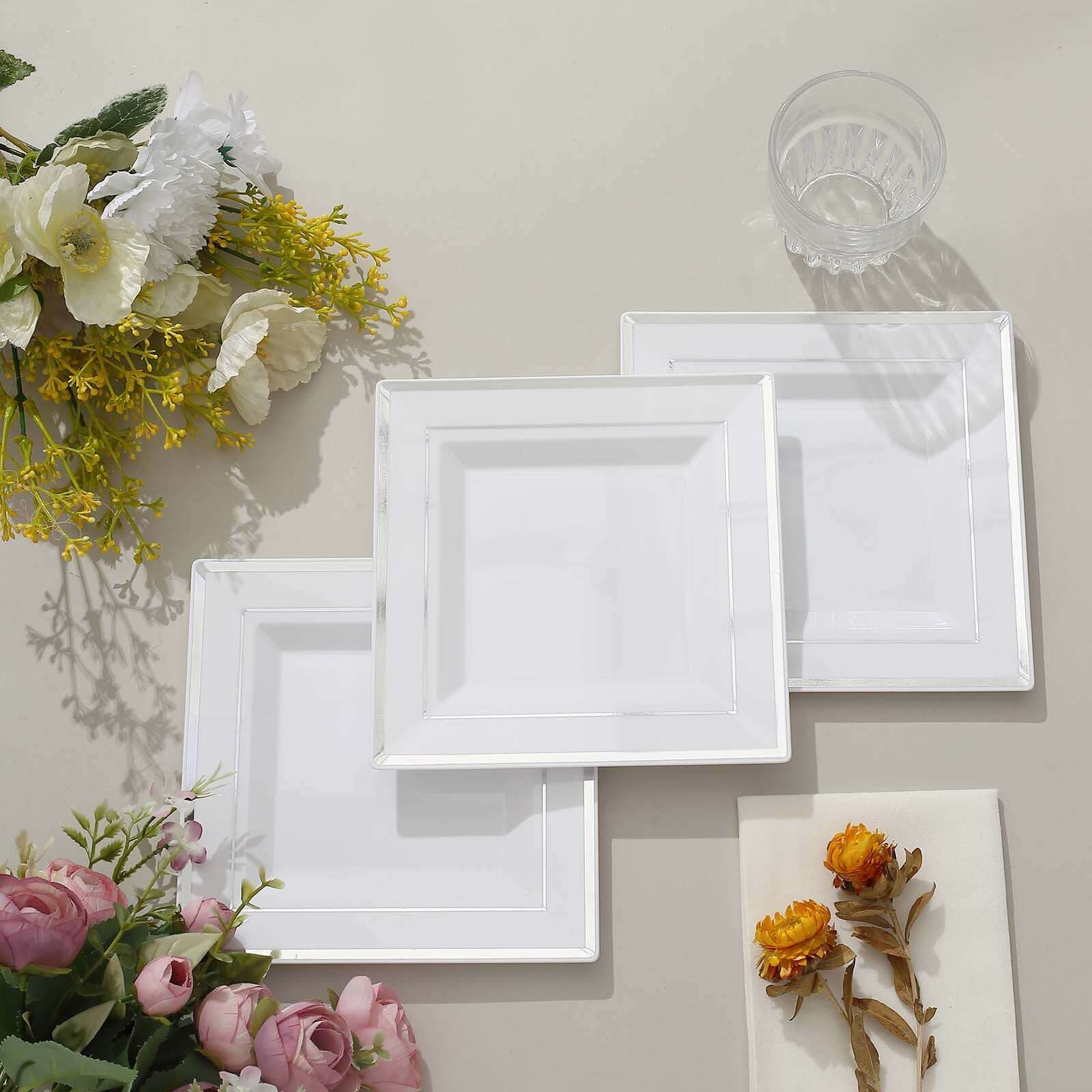 10-Pack Plastic Salad Dessert Plates White Square with Silver Trim - Durable Disposable Appetizer Plates 7"