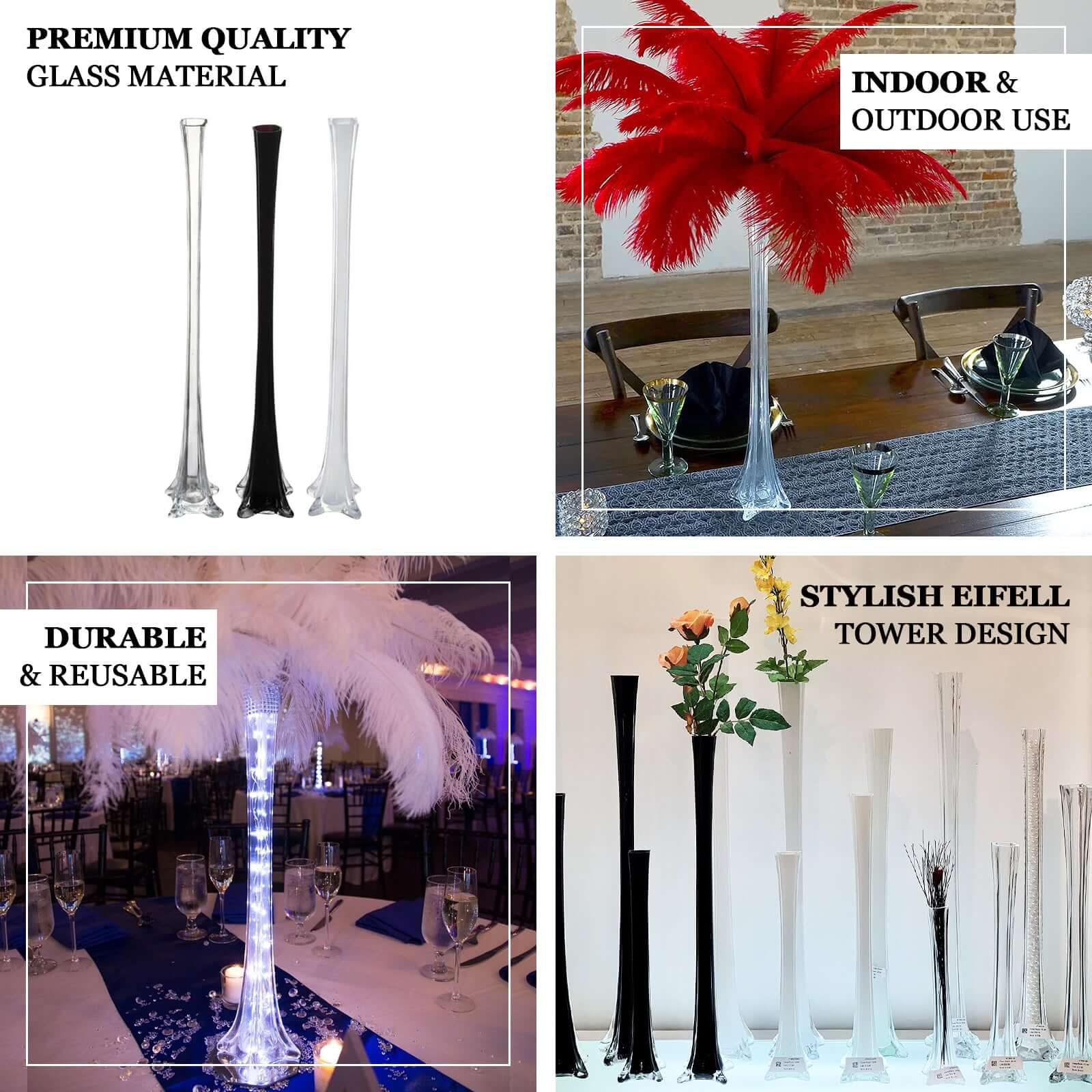 12-Pack Glass Eiffel Tower Flower Vases Clear - Tall Wedding Table Decor 24"
