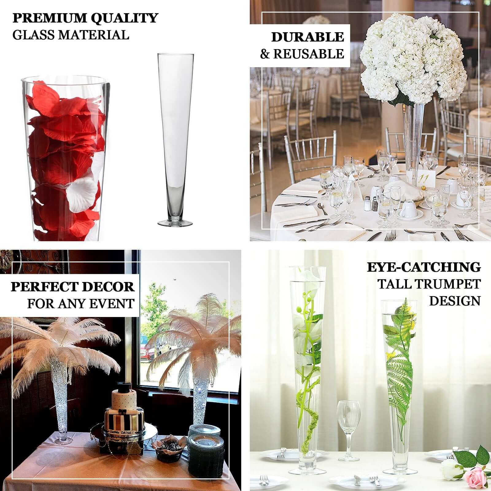 12-Pack Glass Trumpet Vases Clear - Durable Design for Upscale Event Displays 20"