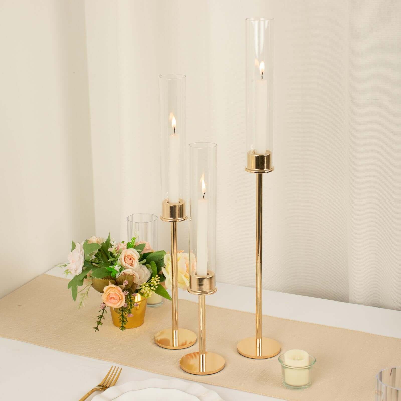 Set of 3 Tall Gold Metal Taper Candlestick Holders, Clear Glass Hurricane Candle Stands With Chimney Candle Shades 16", 20", 24"