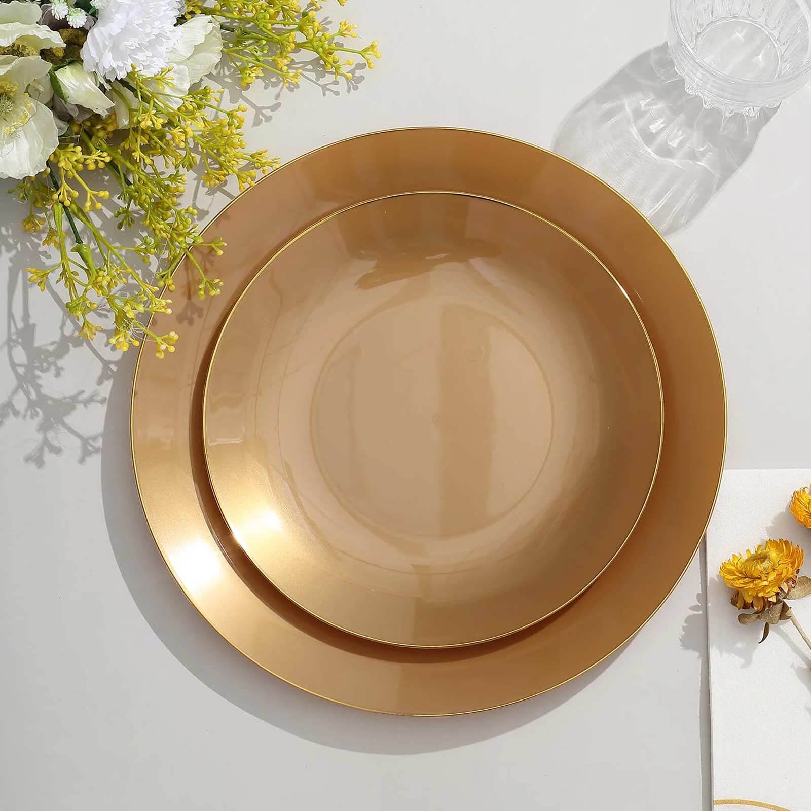 10-Pack Plastic 8" Round Dessert Plates in Gold with Gold Rim - Glossy Disposable Appetizer Salad Plates