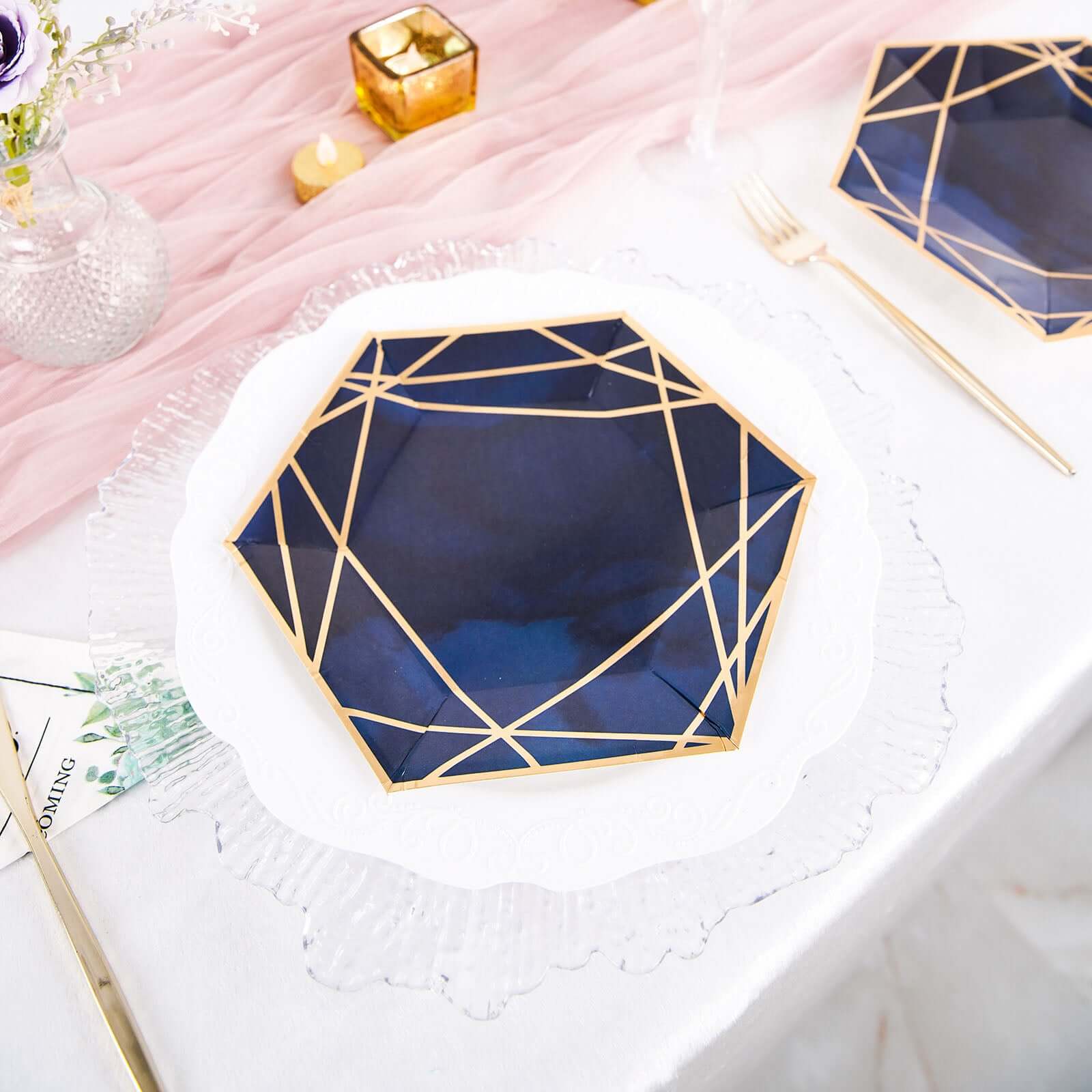 25-Pack Paper 7" Hexagon Dessert Plates in Navy Blue with Gold Geometric Lines & Rim - Stylish Disposable Geometric 300GSM Appetizer Salad Plates