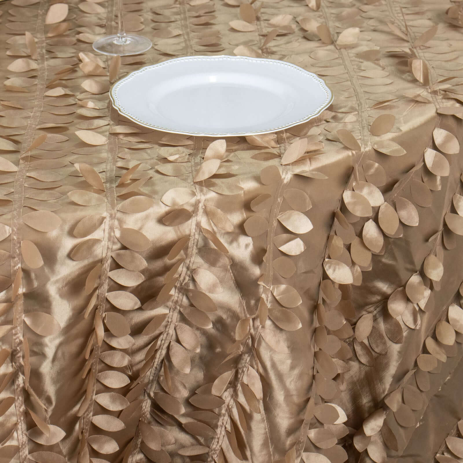 Taffeta 120" Round Tablecloth Taupe Leaf | 3D Leaf Petal Design Seamless Table Cover