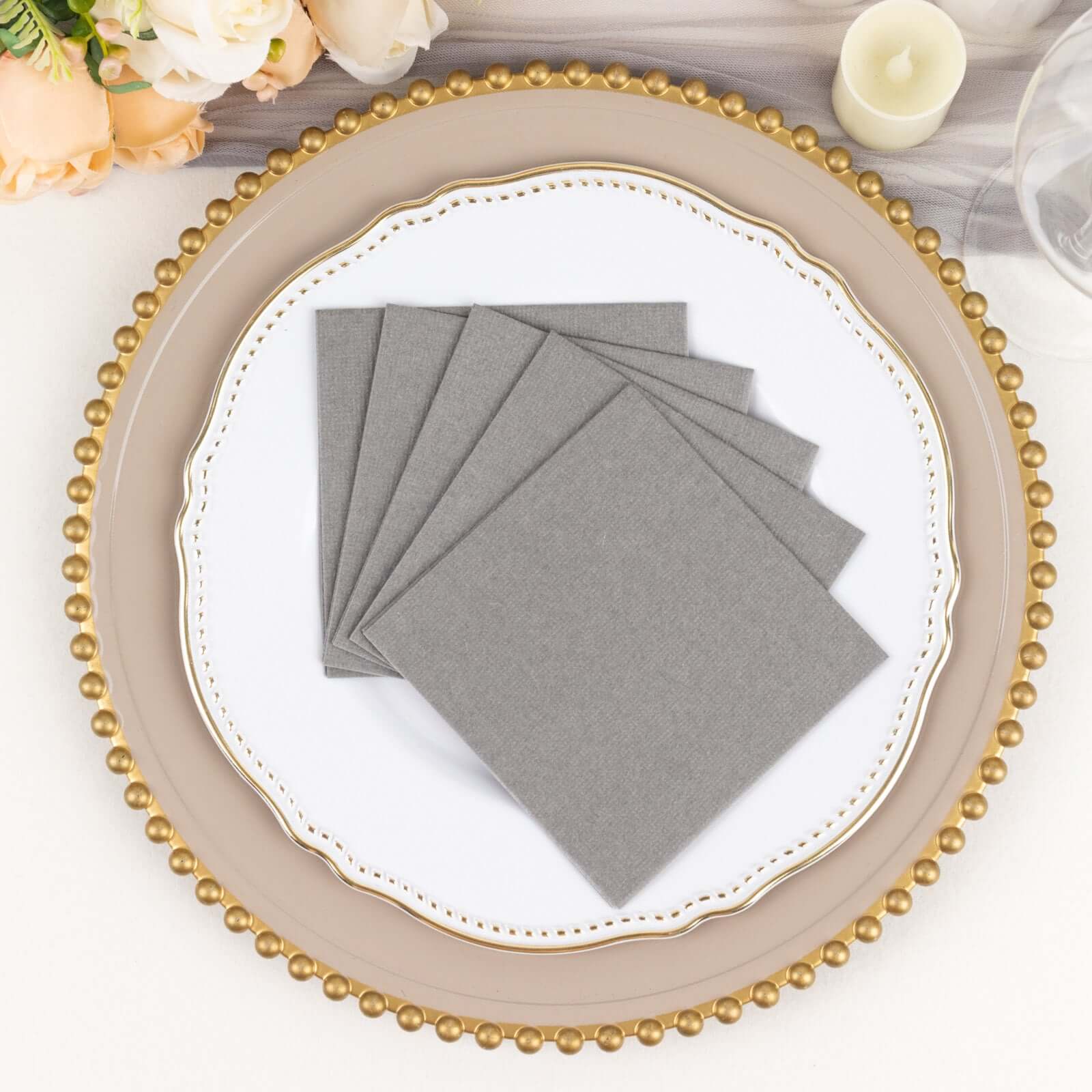 20-Pack Paper Linen-Like Cocktail Napkins Silver - Disposable 5"x5" Airlaid Soft Napkins