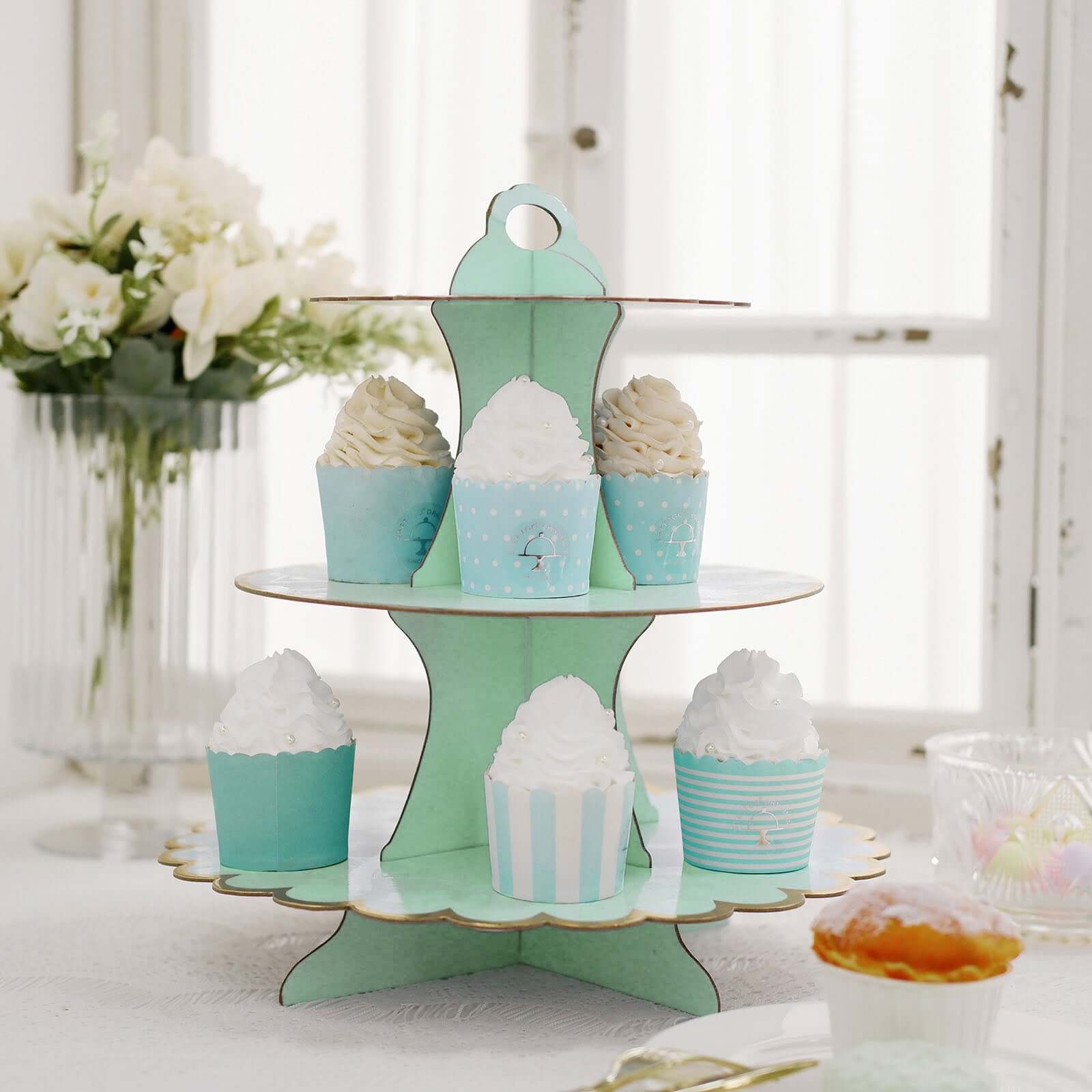 3-Tier Cardboard Cupcake Stand Mint - Sturdy & Collapsible Dessert Treat Tower with Gold Scalloped Rim for Baby Shower Wedding & Party Decor 13"