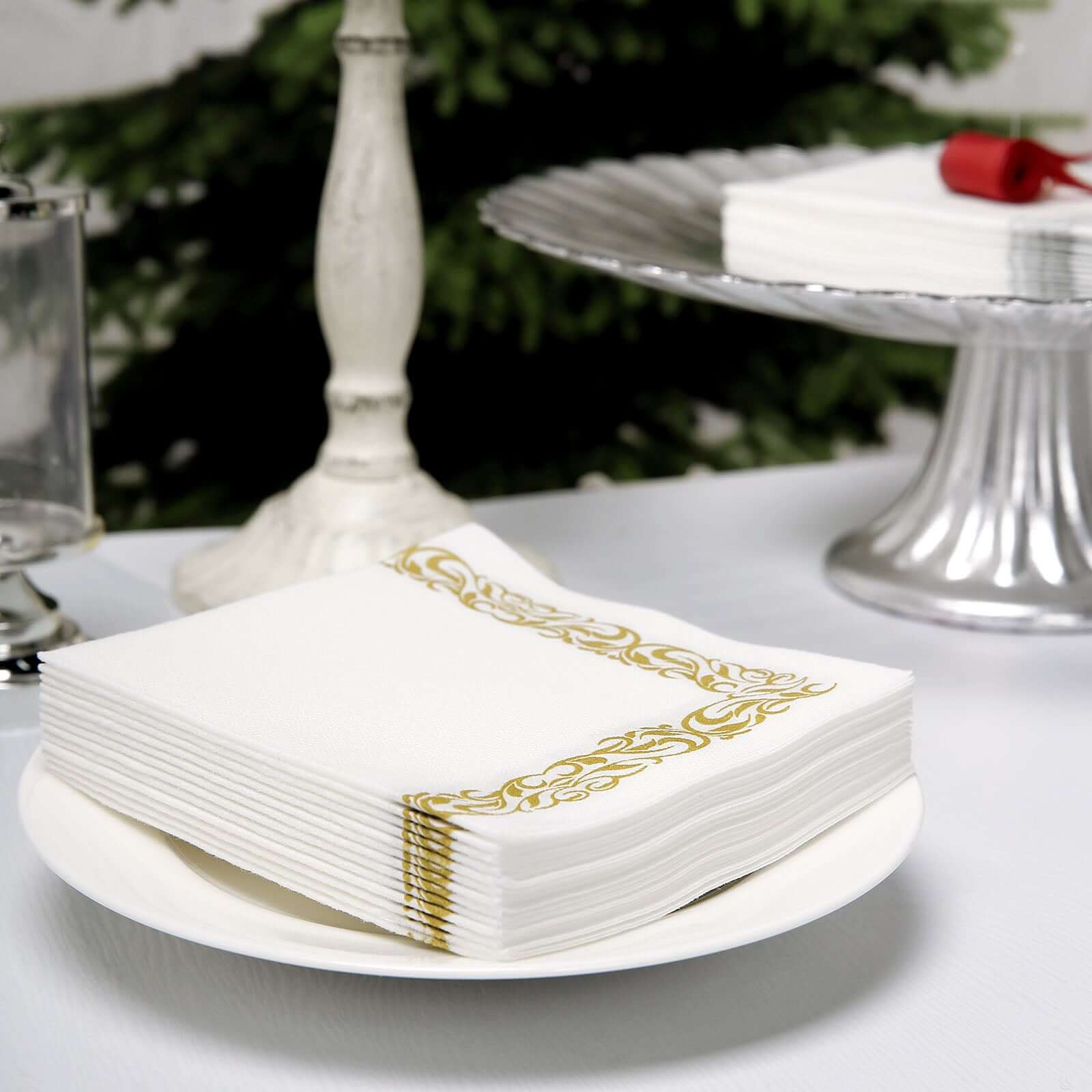 20 Pack Linen-Like Paper 5"x5" Napkins White with Gold Scroll Floral Design - Soft & Absorbent Airlaid Party Napkins