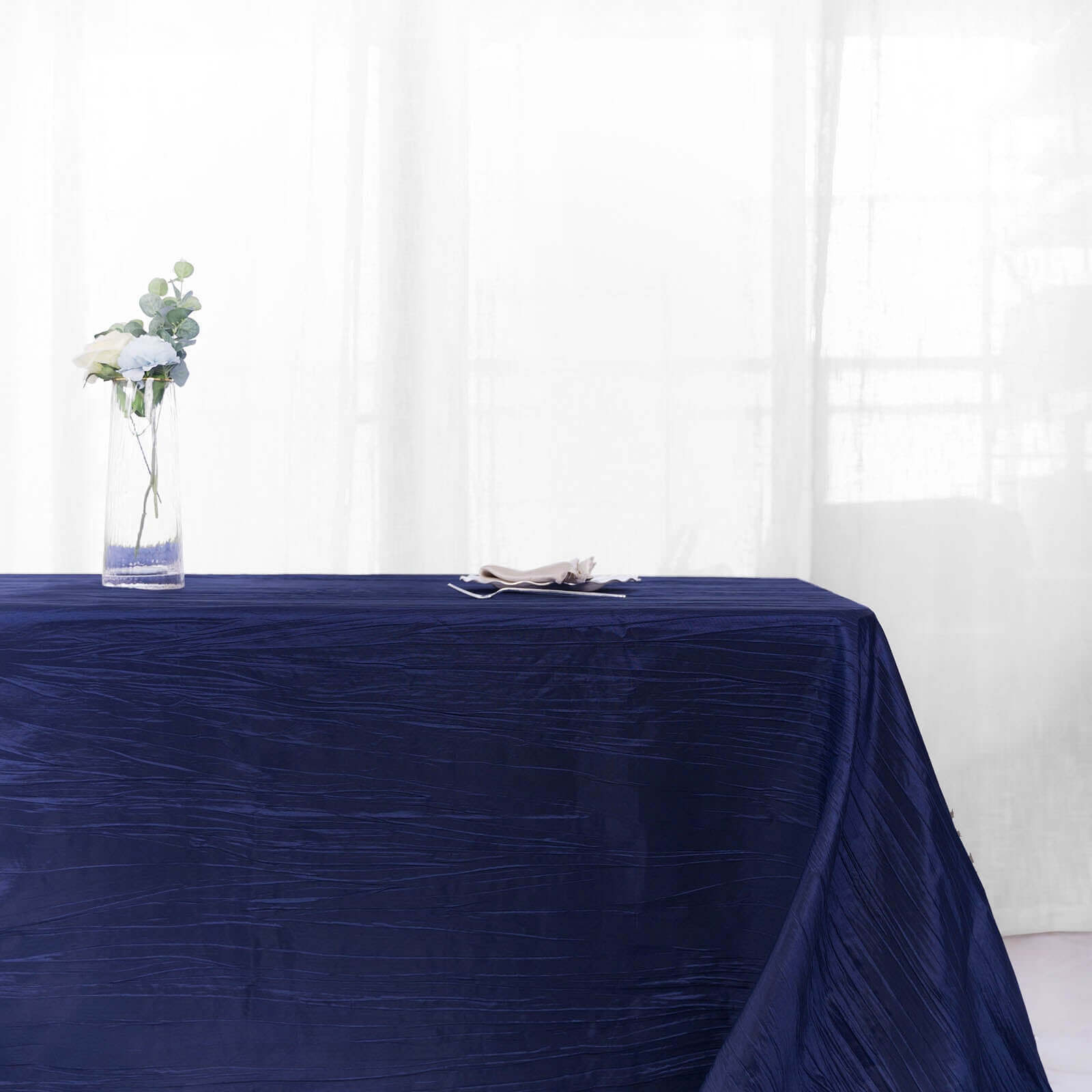 Taffeta 90"x156" Rectangle Tablecloth Navy Blue - Accordion Crinkle Seamless Table Cover
