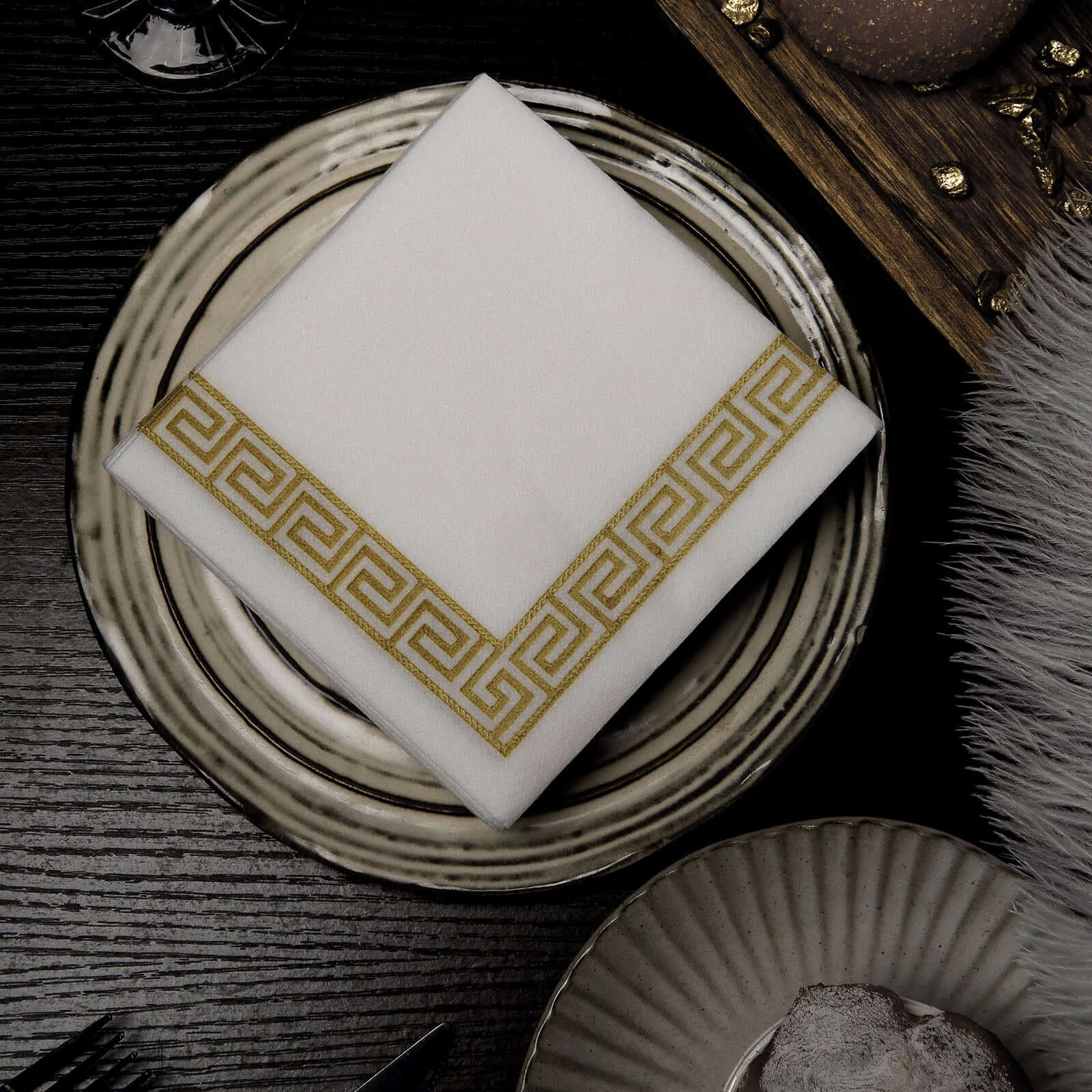 25 Pack Linen-Like Paper 5"x5" Napkins White with Gold Greek Key Design - Hygienic Disposable Airlaid Party Napkins