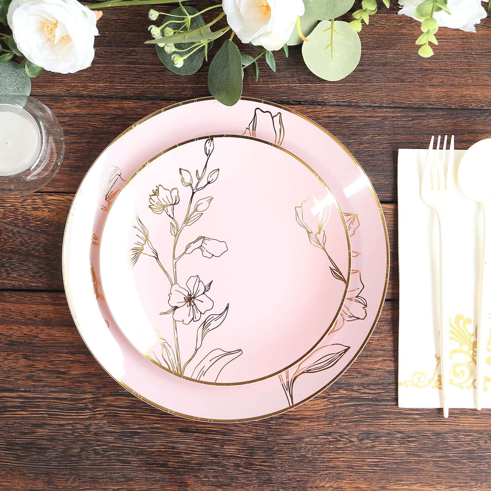 Set of 20 Plastic Round Dinner and Dessert Plates in Dusty Rose with Metallic Gold Floral Design - Stylish Disposable Dinnerware 8", 10"