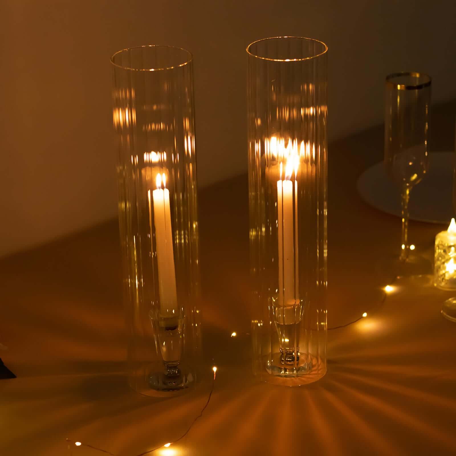 2-Pack Clear Ribbed Glass Hurricane Shades Open End Design - Stylish Candelabra Pillar Candle Holder Table Centerpiece 14"