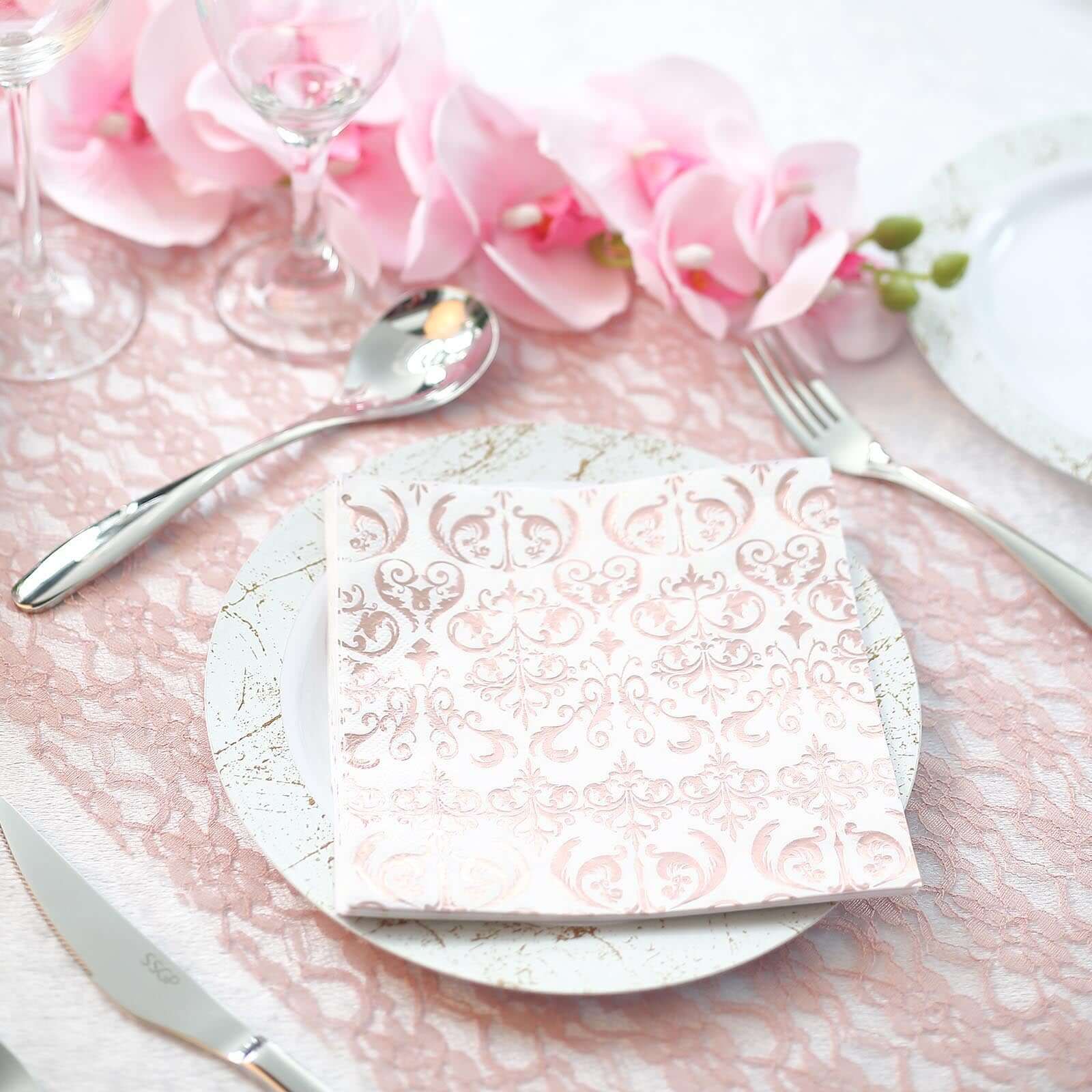 20-Pack Paper Dinner Napkins with Vintage Print Metallic Rose Gold - Disposable 3 Ply Cocktail Napkins for Weddings