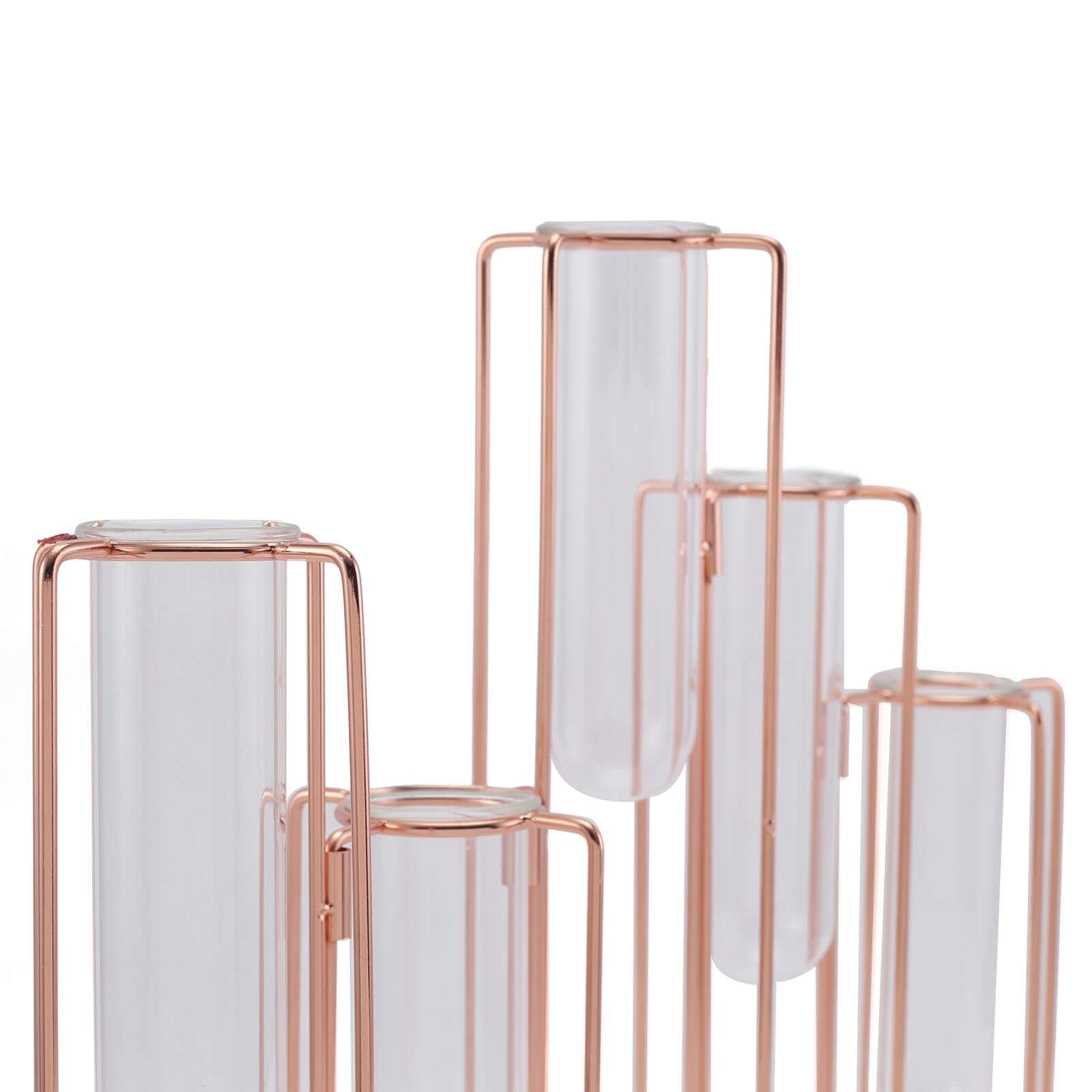 Set of 5 Wedding Centerpieces Rose Gold Frame Conjoined Geometric Design - Test Tube Hydroponic Vases 15"