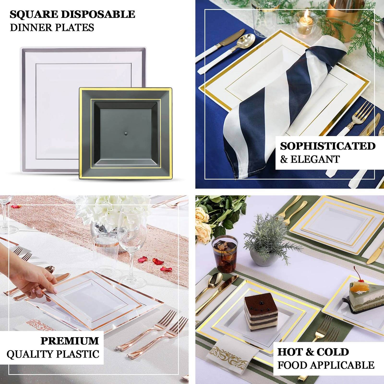 10-Pack Plastic Salad Dessert Plates White Square with Rose Gold Trim - Durable Disposable Appetizer Plates 7"