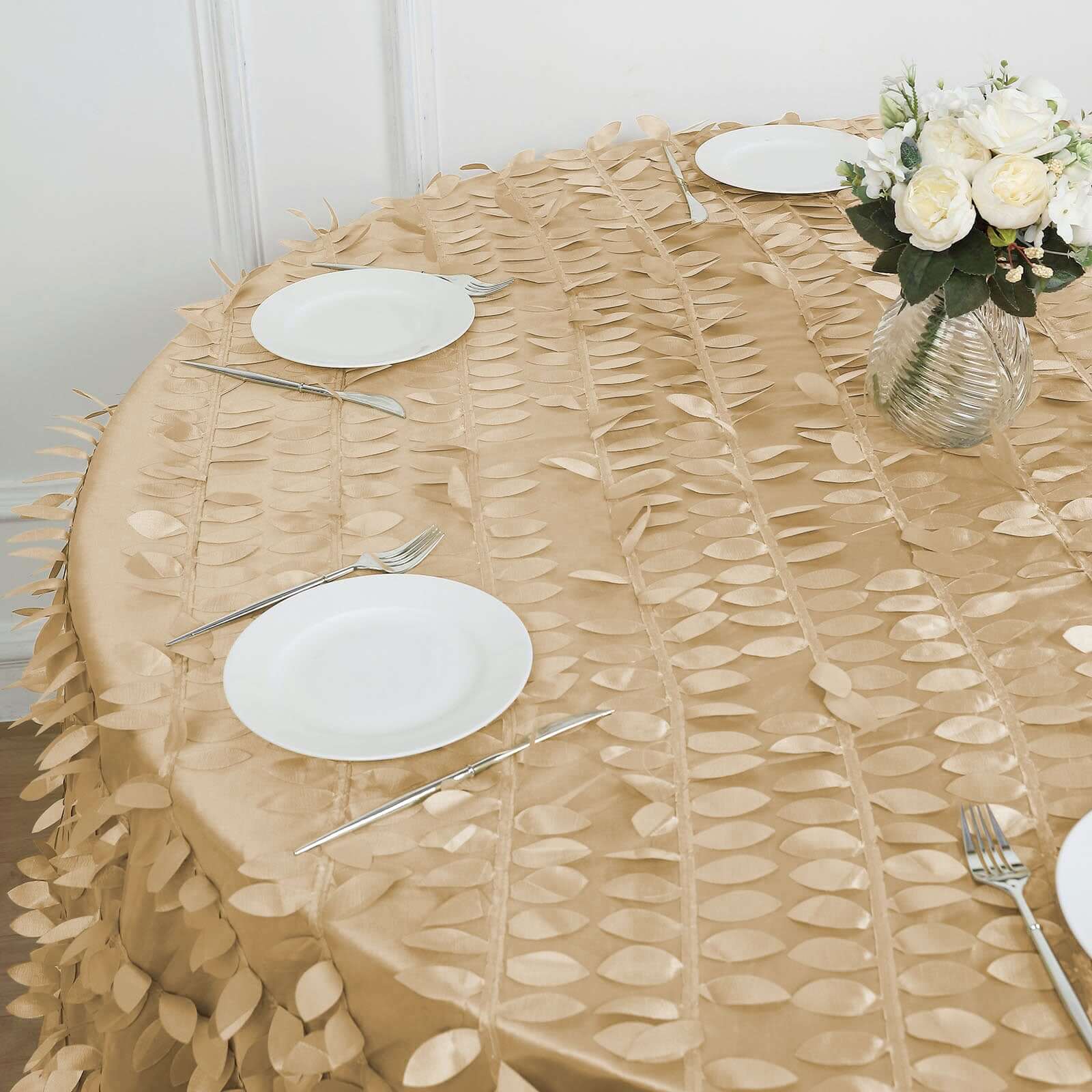 Taffeta 120" Round Tablecloth Champagne 3D | 3D Leaf Petal Design Seamless Table Cover