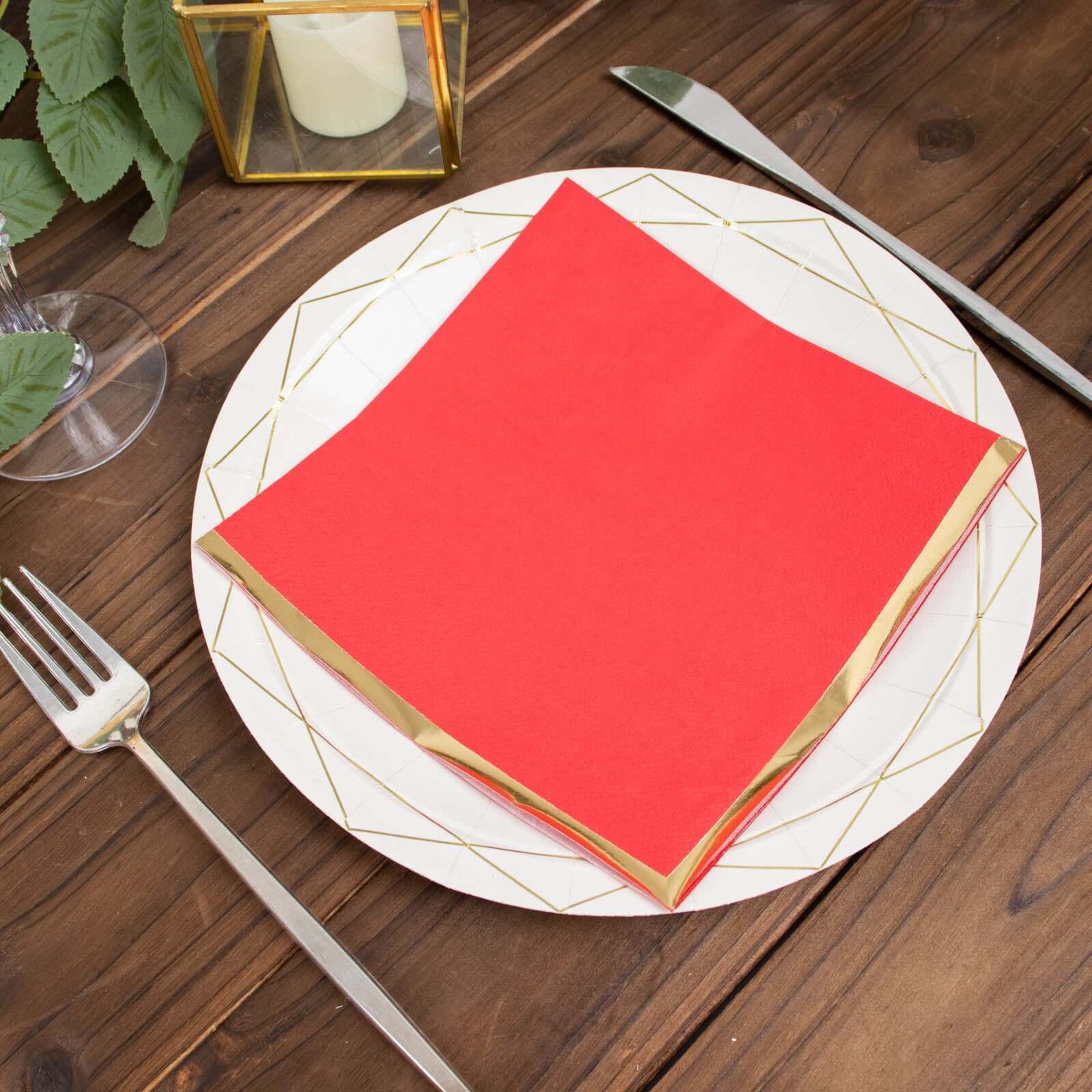 50-Pack Paper Beverage Napkins with Gold Foil Edge Red - Disposable 2 Ply Cocktail Napkins for Events 6.5"x6.5"