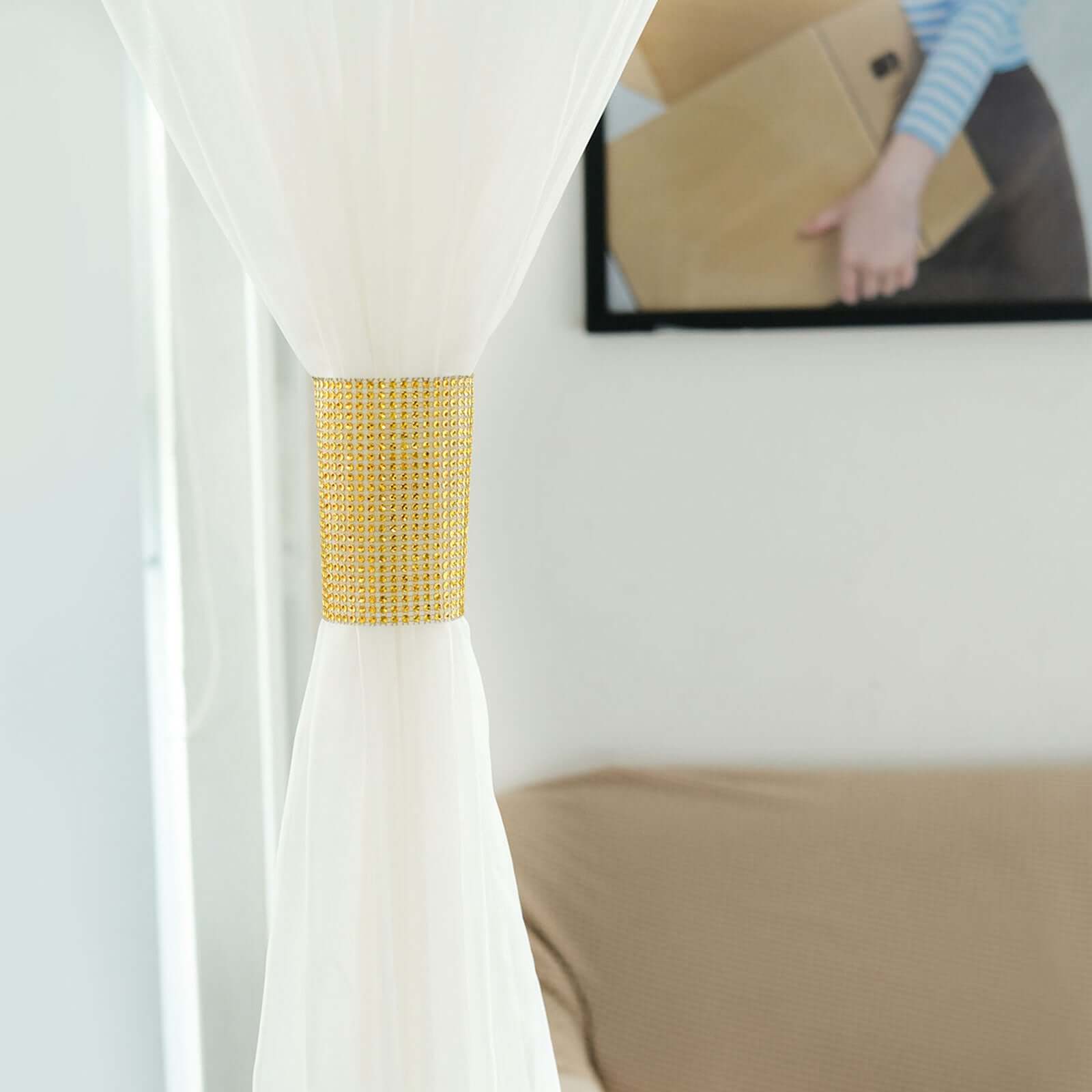 4 Pack Gold Rhinestone Mesh Velcro Backdrop Curtain Bands, Large Chair Sash Clip Tie Backs - 5"X10"