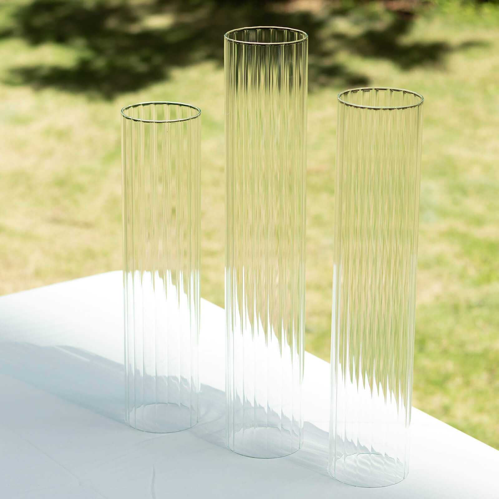 Set of 3 Clear Ribbed Glass Hurricane Shades Open End Design - Stylish Candelabra Pillar Candle Holder Table Centerpiece 15", 17", 19"