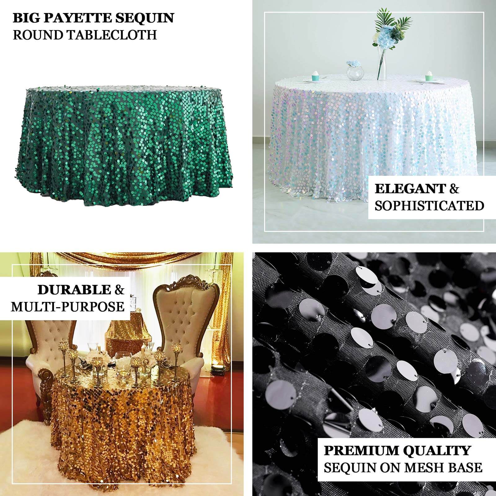 Sequin 120" Round Tablecloth Rose Gold - Seamless Big Payette Table Cover