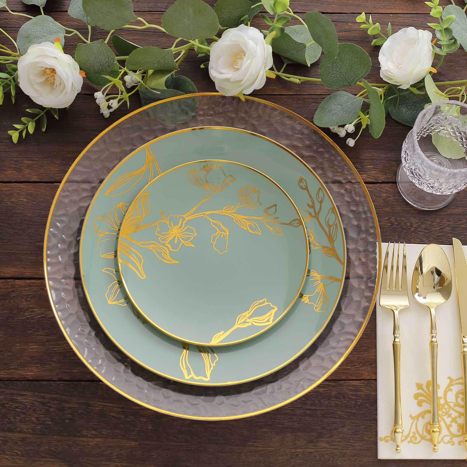 Set of 20 Plastic Round Dinner and Dessert Plates in Dusty Sage Green with Metallic Gold Floral Design - Stylish Disposable Dinnerware 8", 10"
